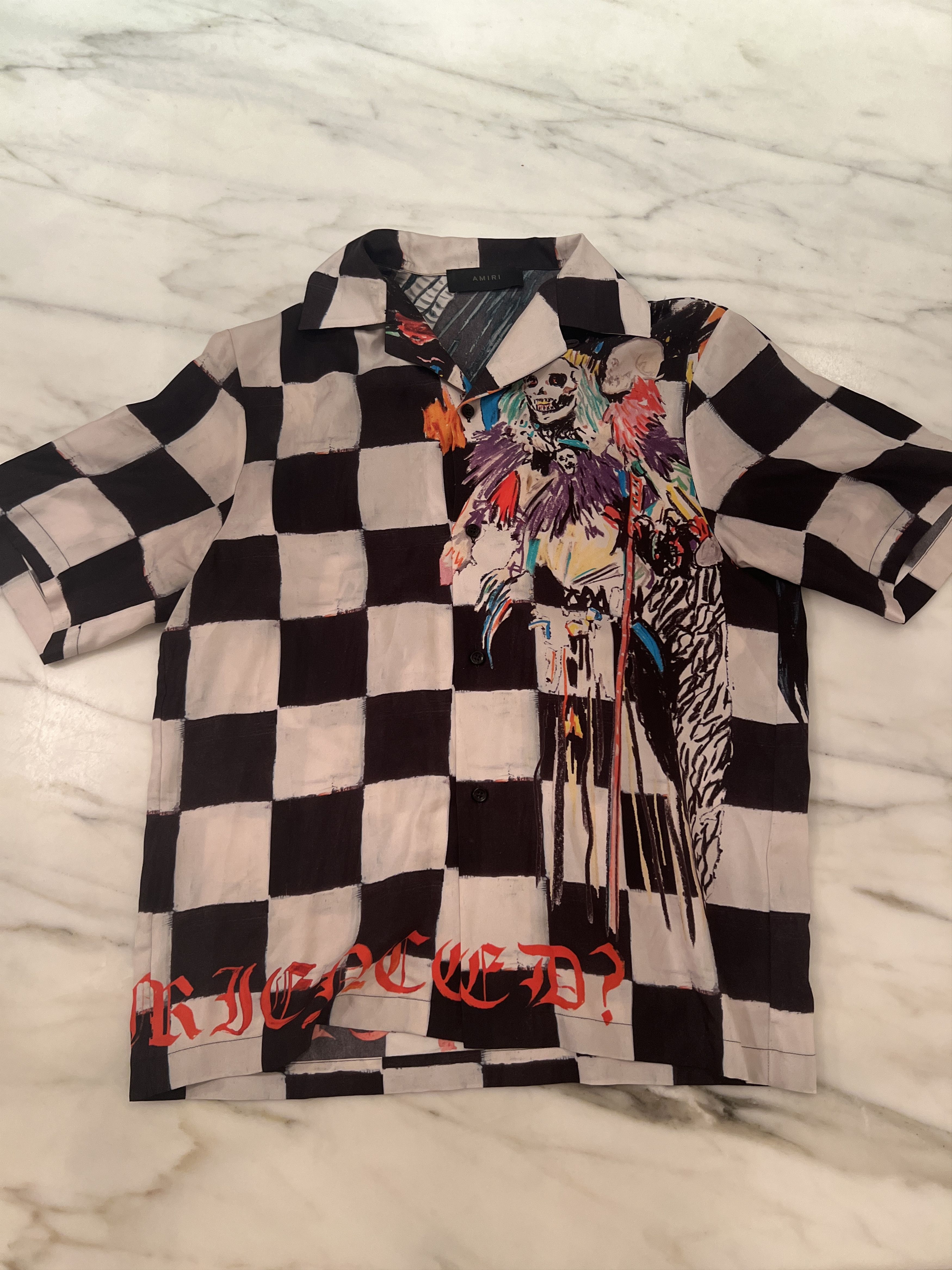 image of Amiri x Wes Lang Exclusive Checkered Button Up in White, Men's (Size Small)