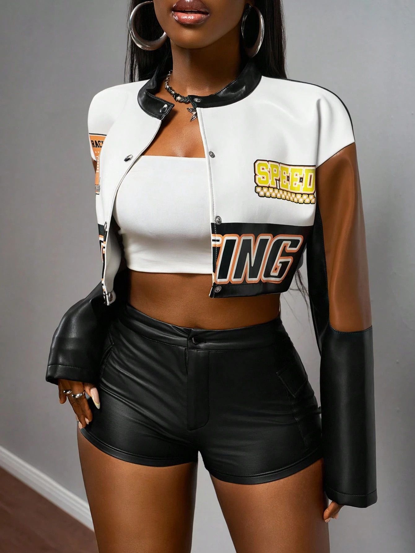 Other Women’s Cropped Racing Black White Brown Biker Jacket Size M / US 6-8 / IT 42-44 - 1 Thumbnail