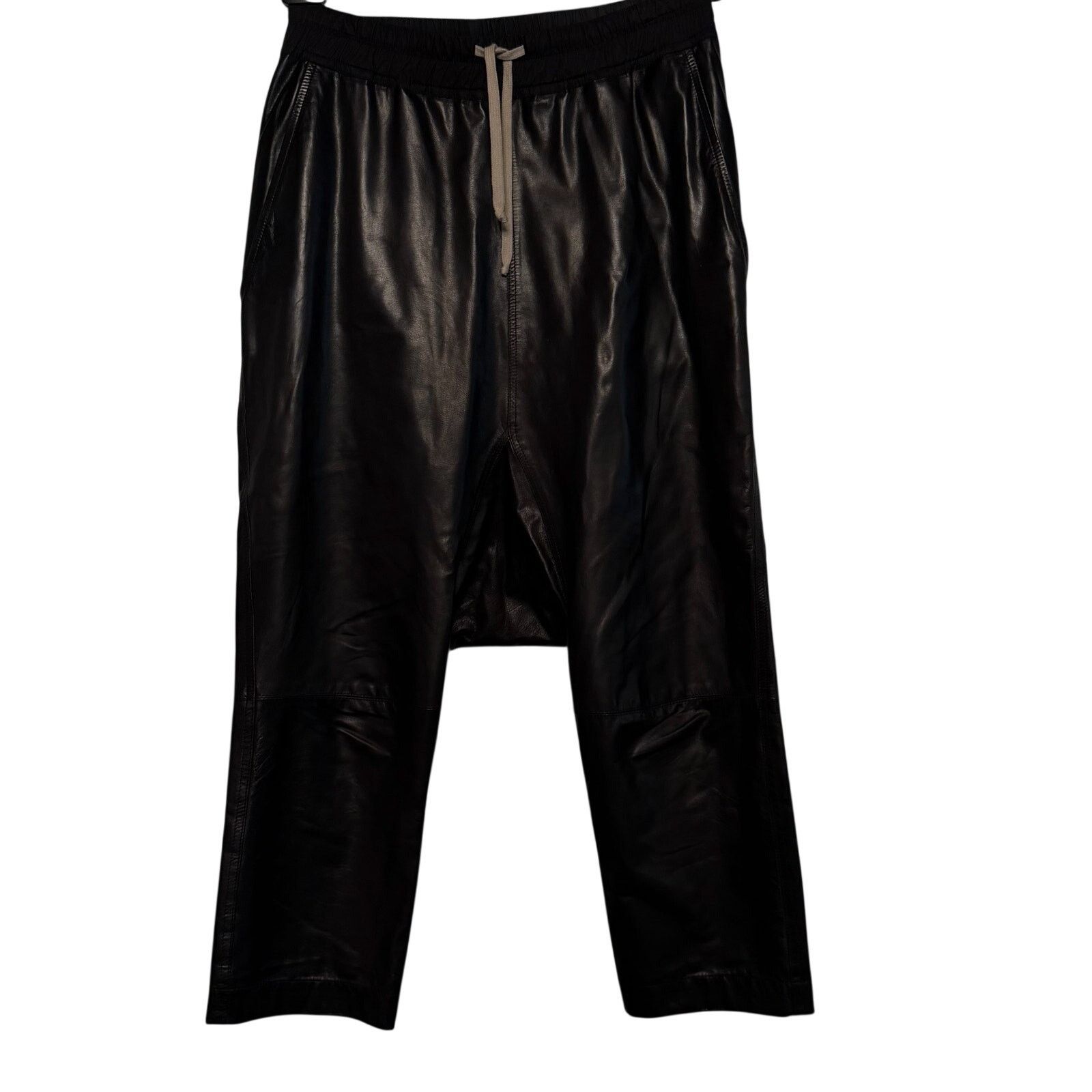 Rick Owens SS19 Babel Dropped Crotch Black Polished Calfskin Pants US 2 Size 26" / US 2 / IT 38 - 16 Thumbnail