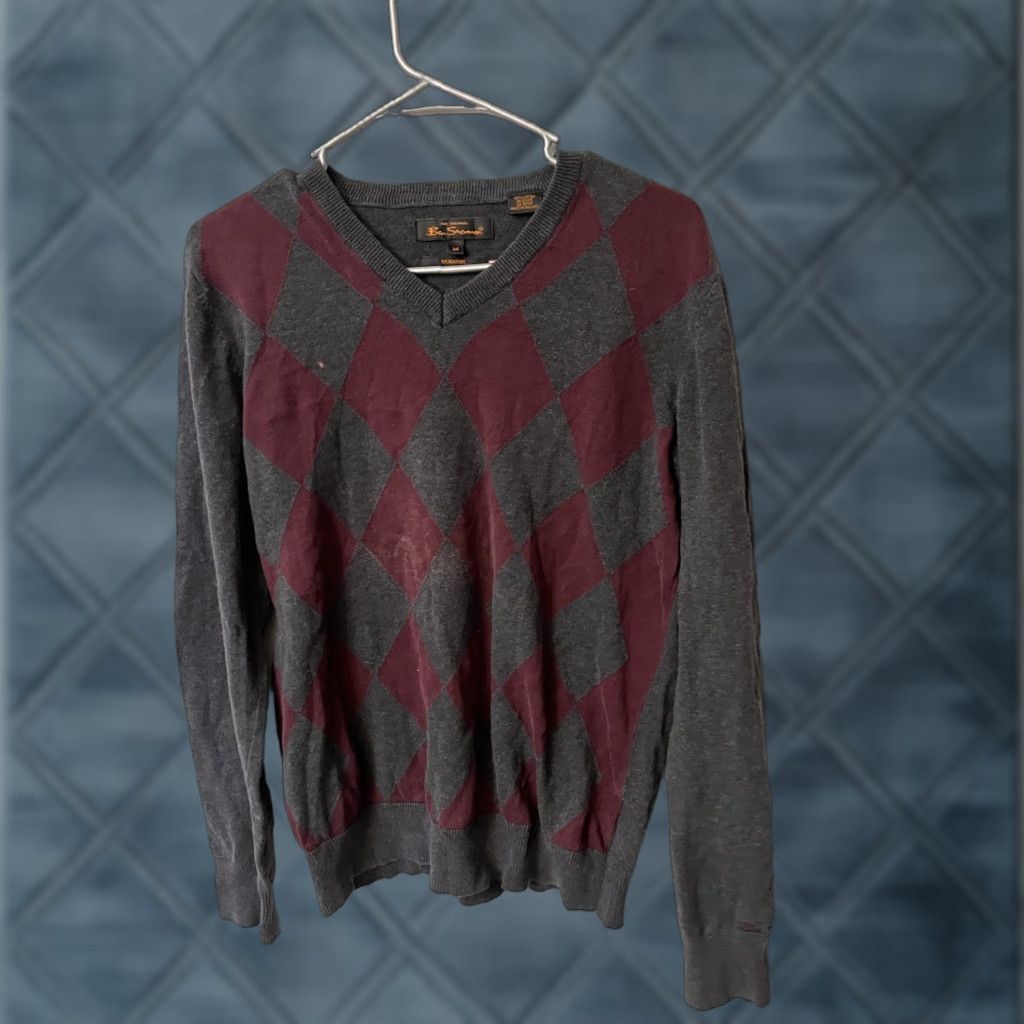 Ben Sherman Ben Sherman Mens V-Neck Sweater Gray 100% Cotton Argyle Medium Regular Knit Shirt Size US M / EU 48-50 / 2 - 1 Thumbnail
