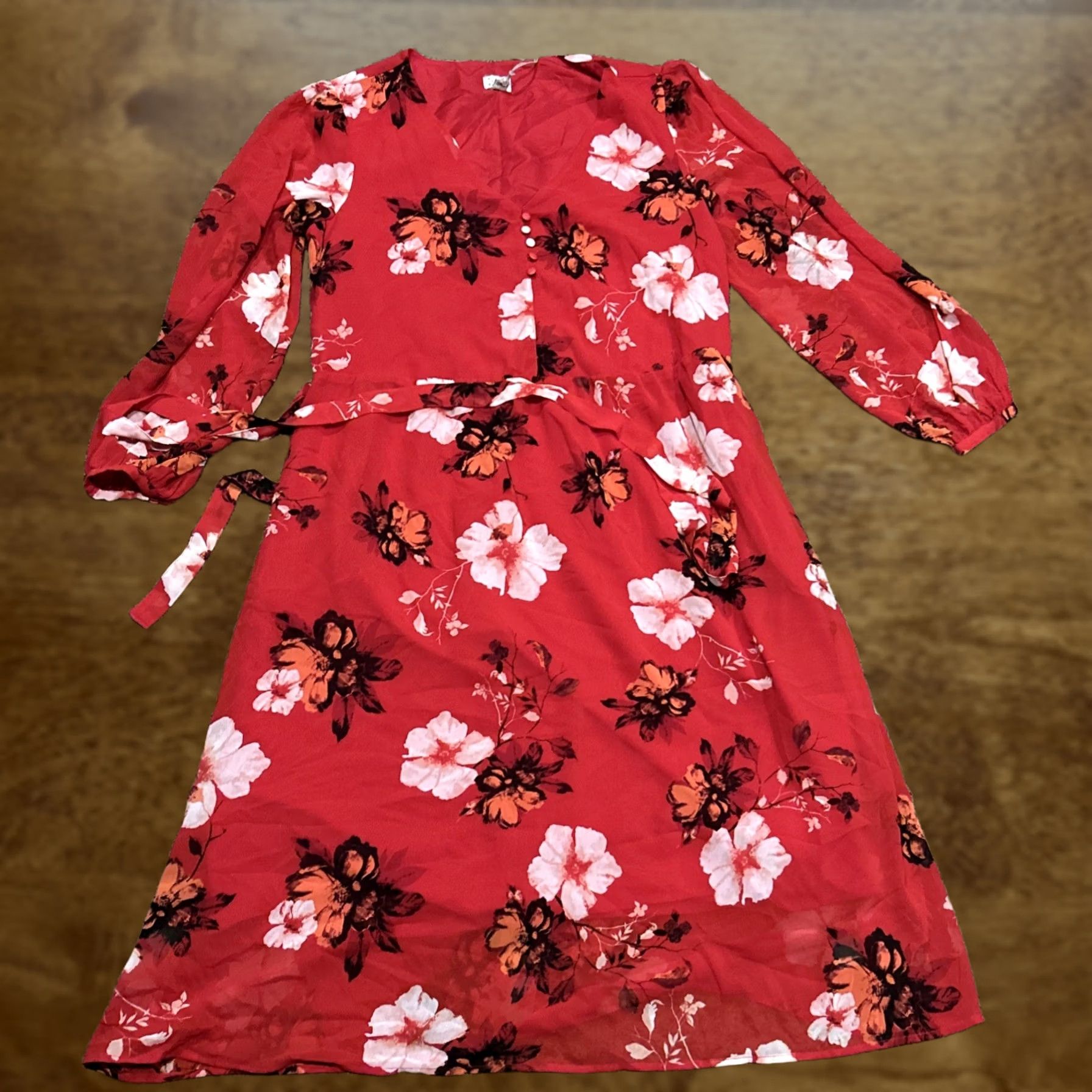 Vintage A New Day Women’s M Red Floral Polyester Lined Belted NWT A-Line Midi Dress Size M / US 6-8 / IT 42-44 - 1 Thumbnail