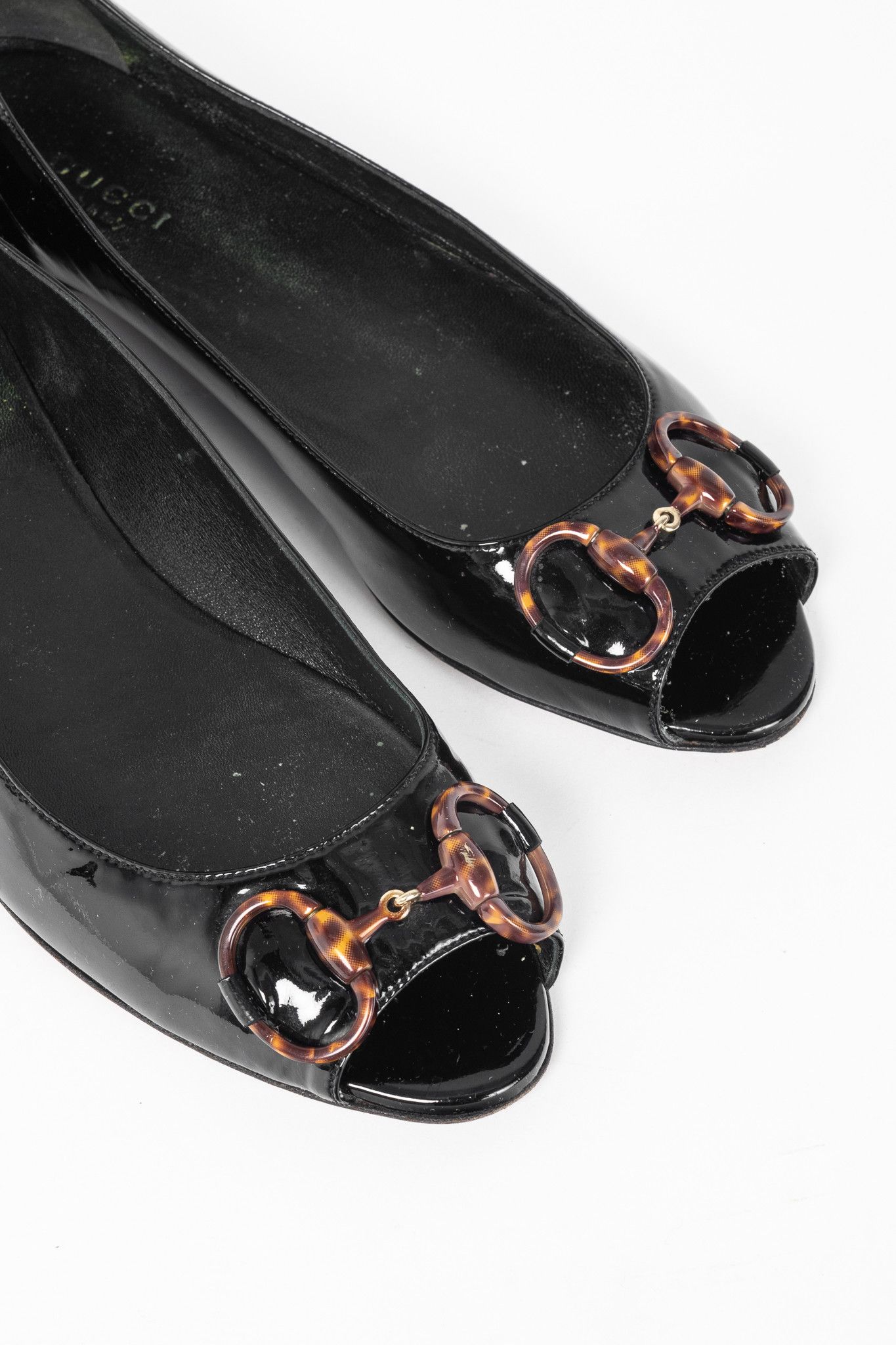 Gucci Gucci Black Patent-Leather Tortoise-Horsebit Peep-Toe Flats Size US 6.5 / IT 36.5 - 7 Thumbnail