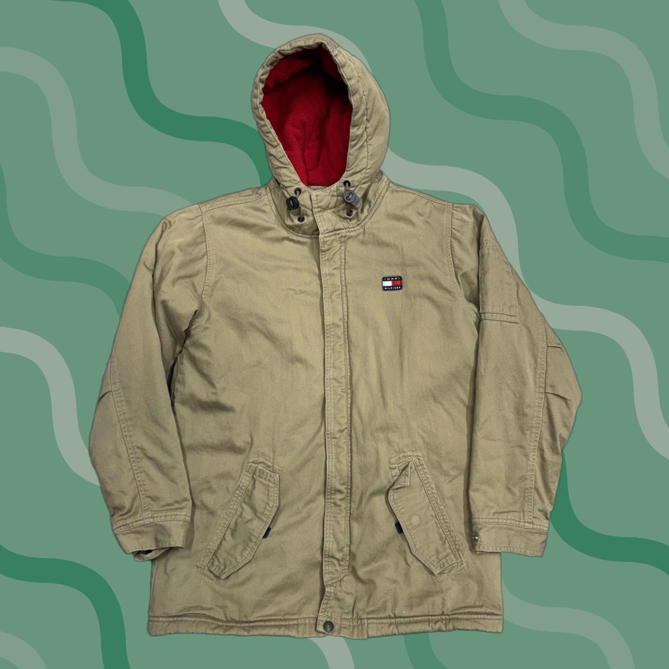 Tommy Hilfiger VINTAGE Tommy Hilfiger Coat Mens Large Beige Canvas Hooded Fleece Parka 90s Size US L / EU 52-54 / 3 - 1 Thumbnail