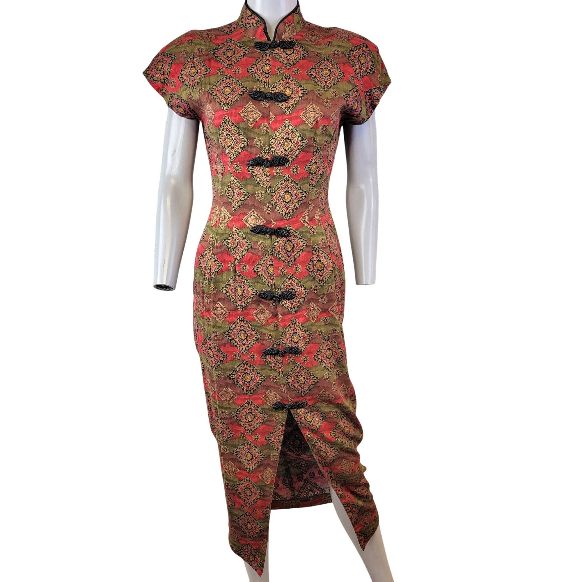 Vintage 80s Asian Midi Dress Women 3 Small 4 Red Brown Black
