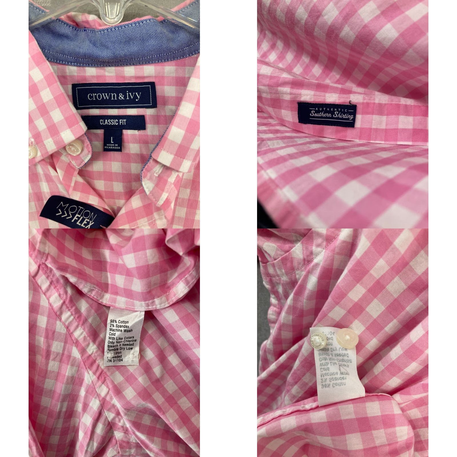 Vintage Crown & Ivy Shirt Mens Large Pink Check Classic Fit NWT Motion Flex Button-Up Collared Long Sleeve Cotton Blend Size US L / EU 52-54 / 3 - 8 Thumbnail