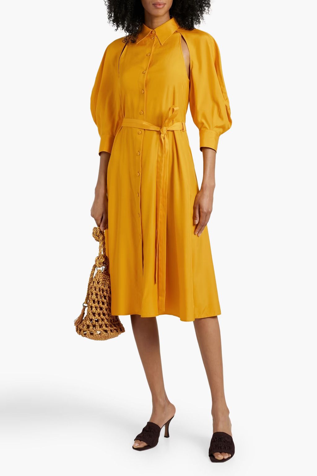 Chloe oc11z0525 Belted Cutout Silk Midi Shirt Dress in Saffron Size XL / US 12-14 / IT 48-50 - 2 Thumbnail