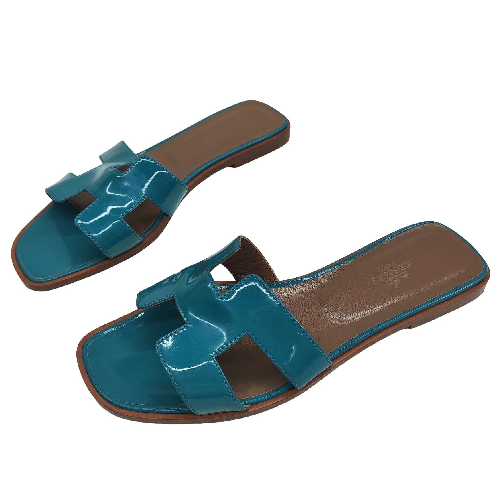 Hermes Hermès Oran Patent Leather Sandals Blue Size 38 Size US 8 / IT 38 - 1 Thumbnail