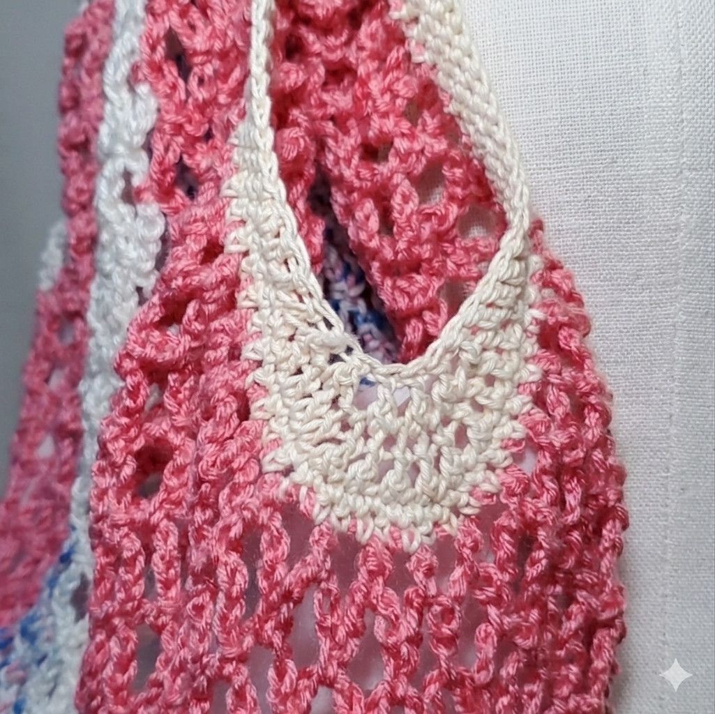 Handmade Farmers Market Bag Pink Handmade Crochet French Net Sack Size ONE SIZE - 6 Thumbnail