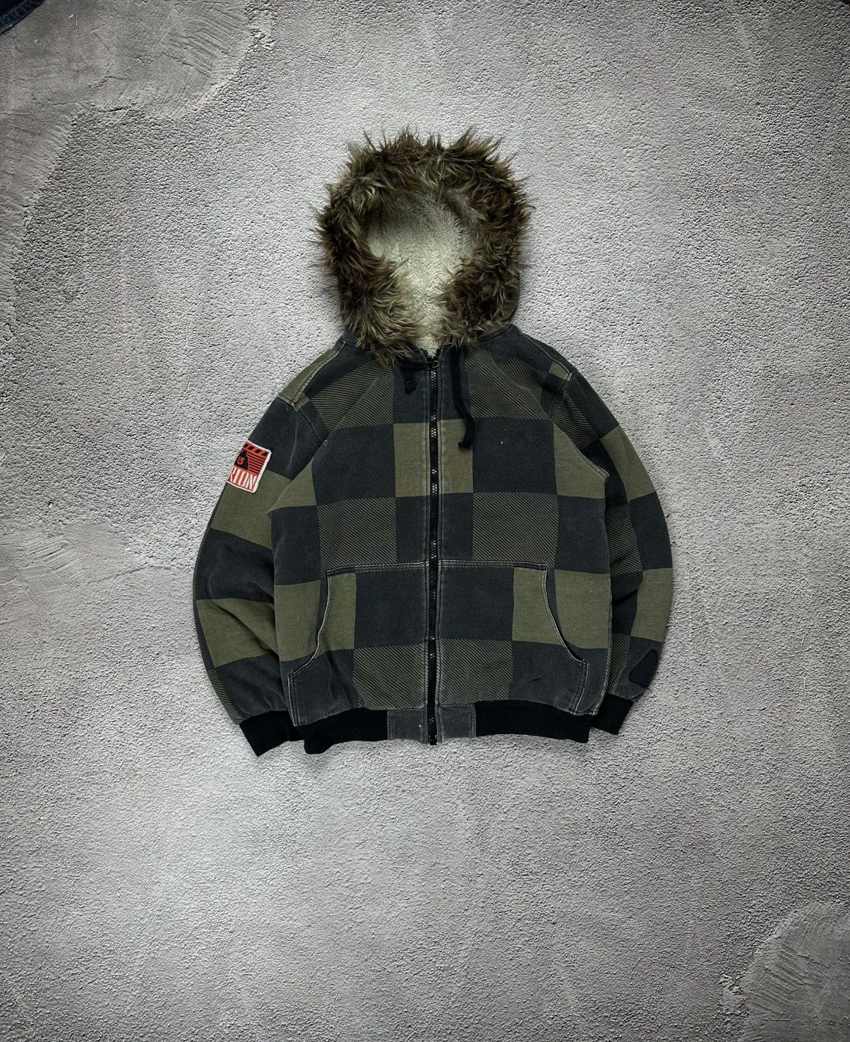 Pre-owned Avant Garde Burton Zip Hoodie Sherpa Fur Fuzzy Faux Distressed In Khaki Grey