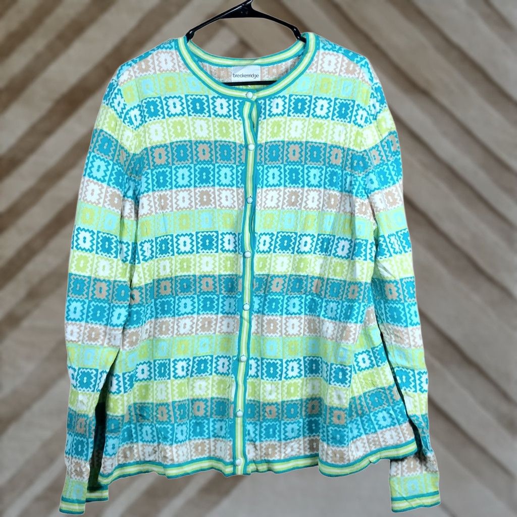 Vintage Breckenridge Womens Sweater Green Crew Button Front 100% Cotton Large Cardigan Knit Winter Fall Workwear Casual Mens? Size L / US 10 / IT 46 - 1 Thumbnail