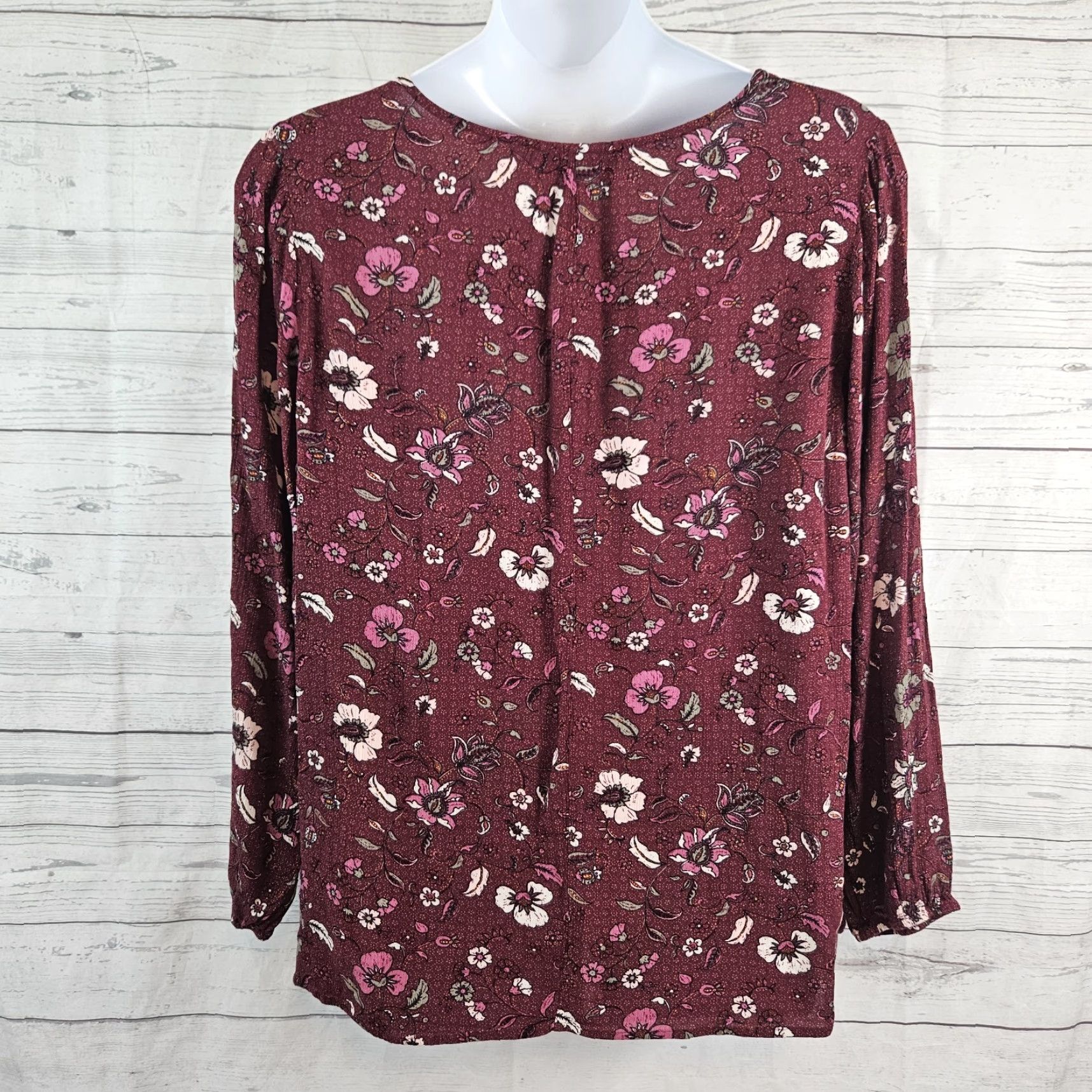 Vintage Lane Bryant Womens Blouse Sz 22/24 Maroon Pink Floral Long Sleeve Rayon V-Neck Pullover Womens Plus Size 22 Blouse” Size 3XL / US 20-22 - 3 Thumbnail