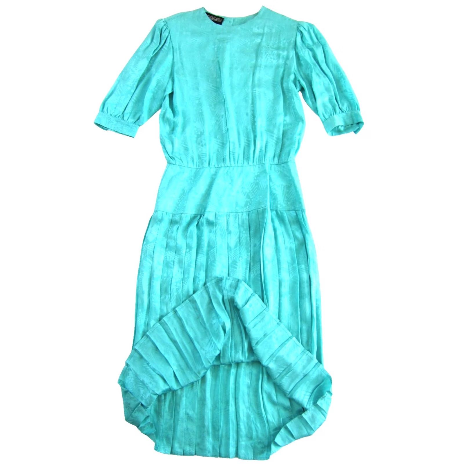 Nordstrom VINTAGE Nordstrom Point of View 100% Silk Teal Blue Short Sleeve Pleat Midi Dress 14 Size 36" / US 14 / IT 50 - 5 Thumbnail