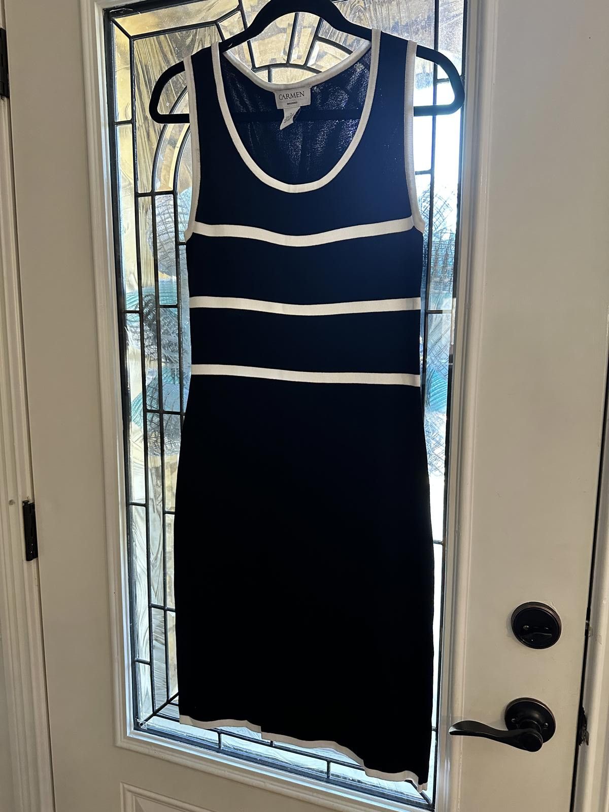 Designer Carmen Marc Valvo Women's Black and White Striped Dress Sz L Size L / US 10 / IT 46 - 5 Thumbnail