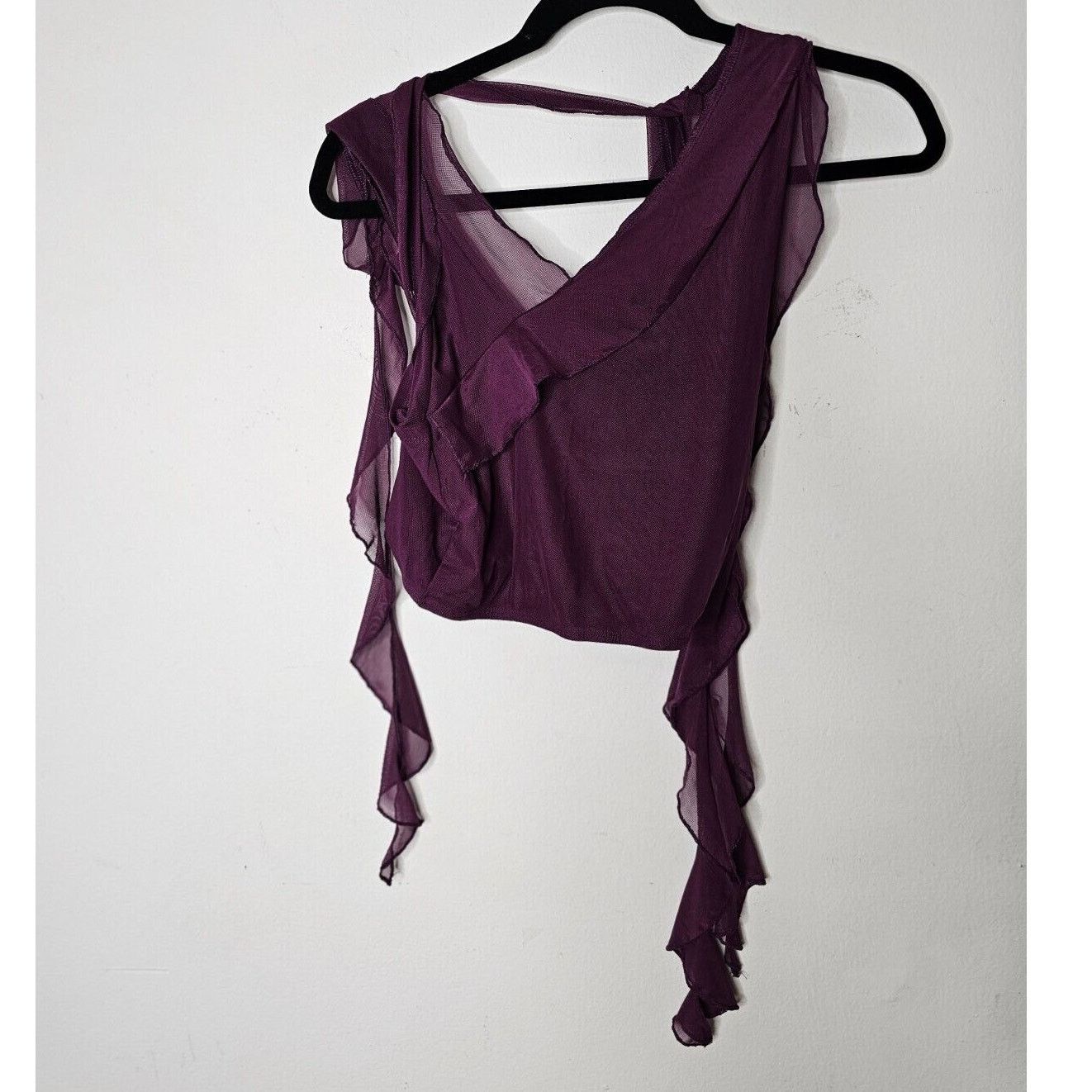 Cider Cider Purple Sleeveless Ruffle Mesh Faux Wrap Tie Neck Top S Size S / US 4 / IT 40 - 7 Thumbnail