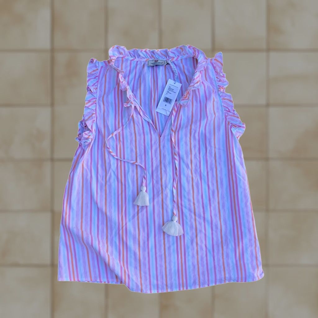 Vineyard Vines VINEYARD VINES Shirt Women SM Nylon Harbor Ruffle Popover Blouse Top Pink/White Sleeveless Knit/Performance T-Shirt Modern 90s Style Womens Size S / US 4 / IT 40 - 1 Thumbnail