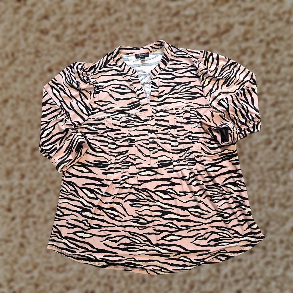 Pinko Cocomo Women 1X Pink Zebra 3/4 Sleeve Blouse V-Neck Stretch No Iron Casual Career Shirt Size XL / US 12-14 / IT 48-50 - 1 Thumbnail