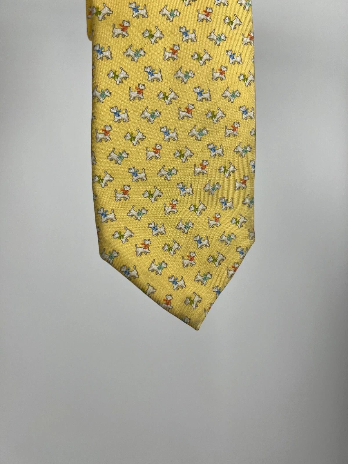 SALVATORE FERRAGAMO Fun Yellow Playful Puppies Silk Tie