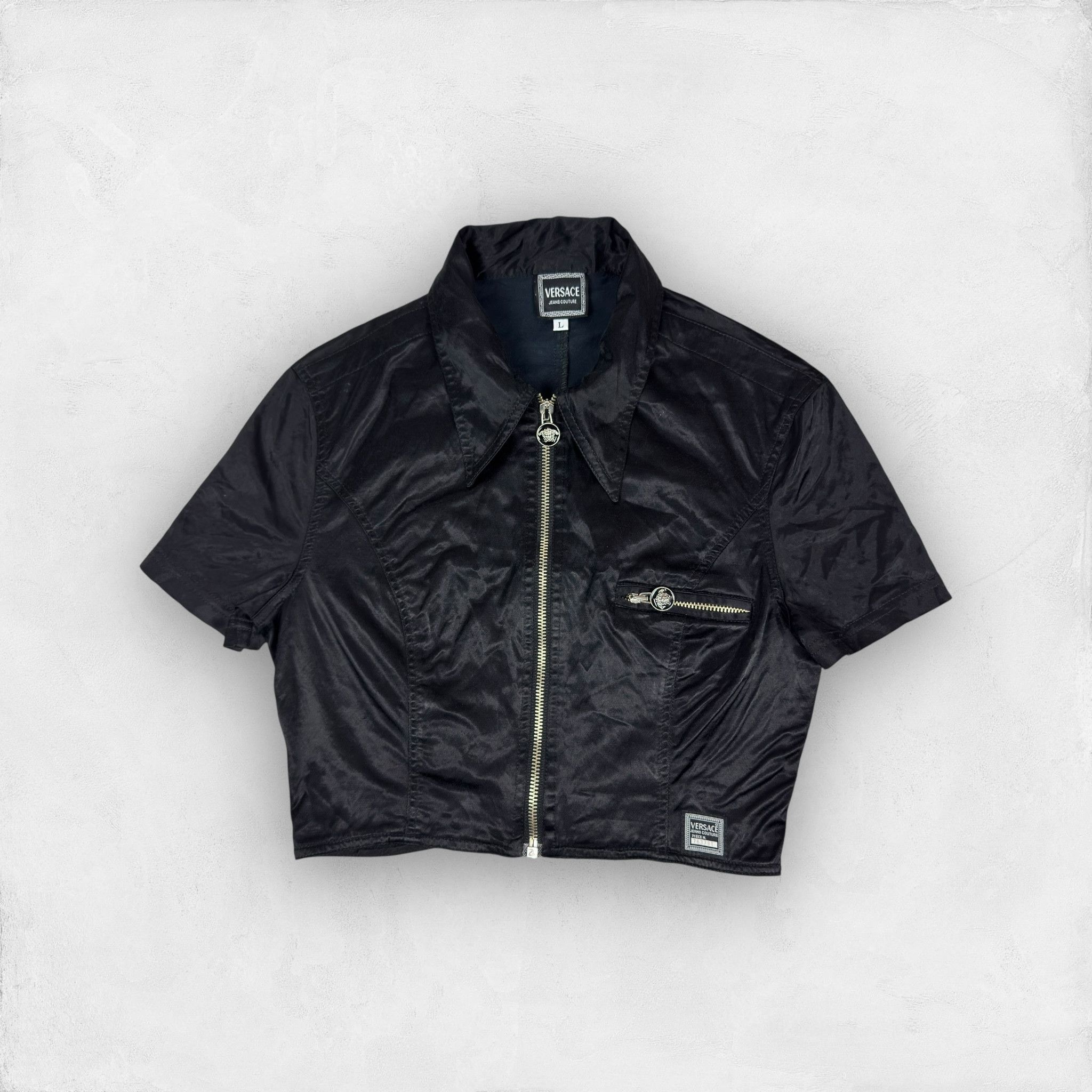 Versace × Vintage Versace Women's Black Short Sleeve Full Zip Cropped Shirt L Size L / US 10 / IT 46 - 1 Thumbnail
