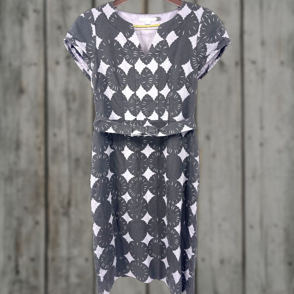 Boden Boden Floral Belted Sheath Dress Womens 8 Gray Cap Sleeve Retro Knee Length Size 30" / US 8 / IT 44 - 1 Thumbnail