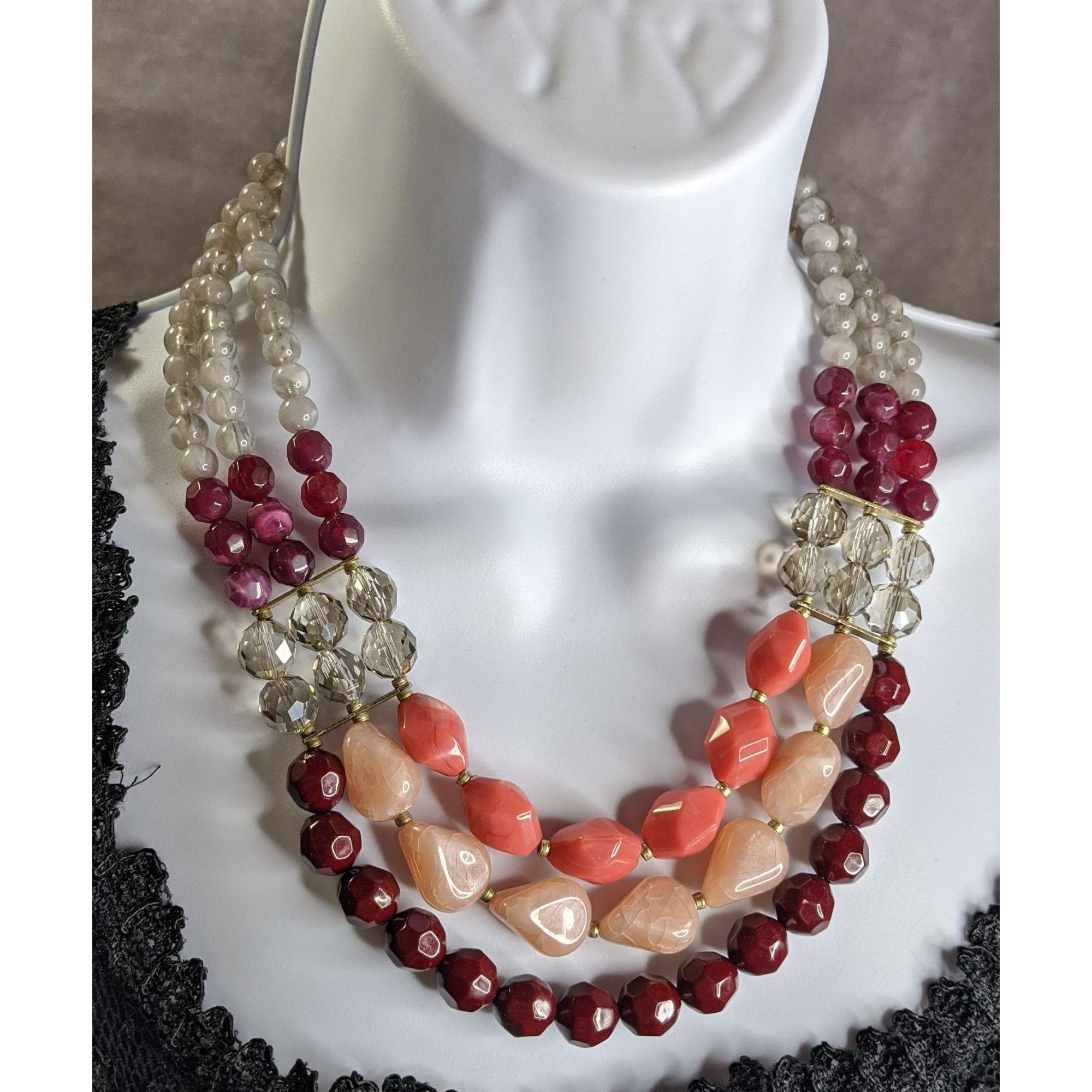 Other Red Pink And Clear Multi-Strand Beaded Statement Necklace Size ONE SIZE - 2 Thumbnail