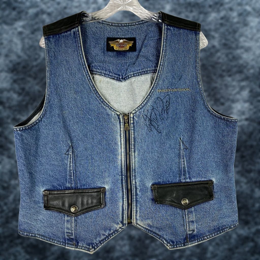 Harley Davidson VINTAGE Harley-Davidson Vest Women XL Denim Leather Signed by Kaptain Robbie Knievel 2002 Size XL / US 12-14 / IT 48-50 - 1 Thumbnail