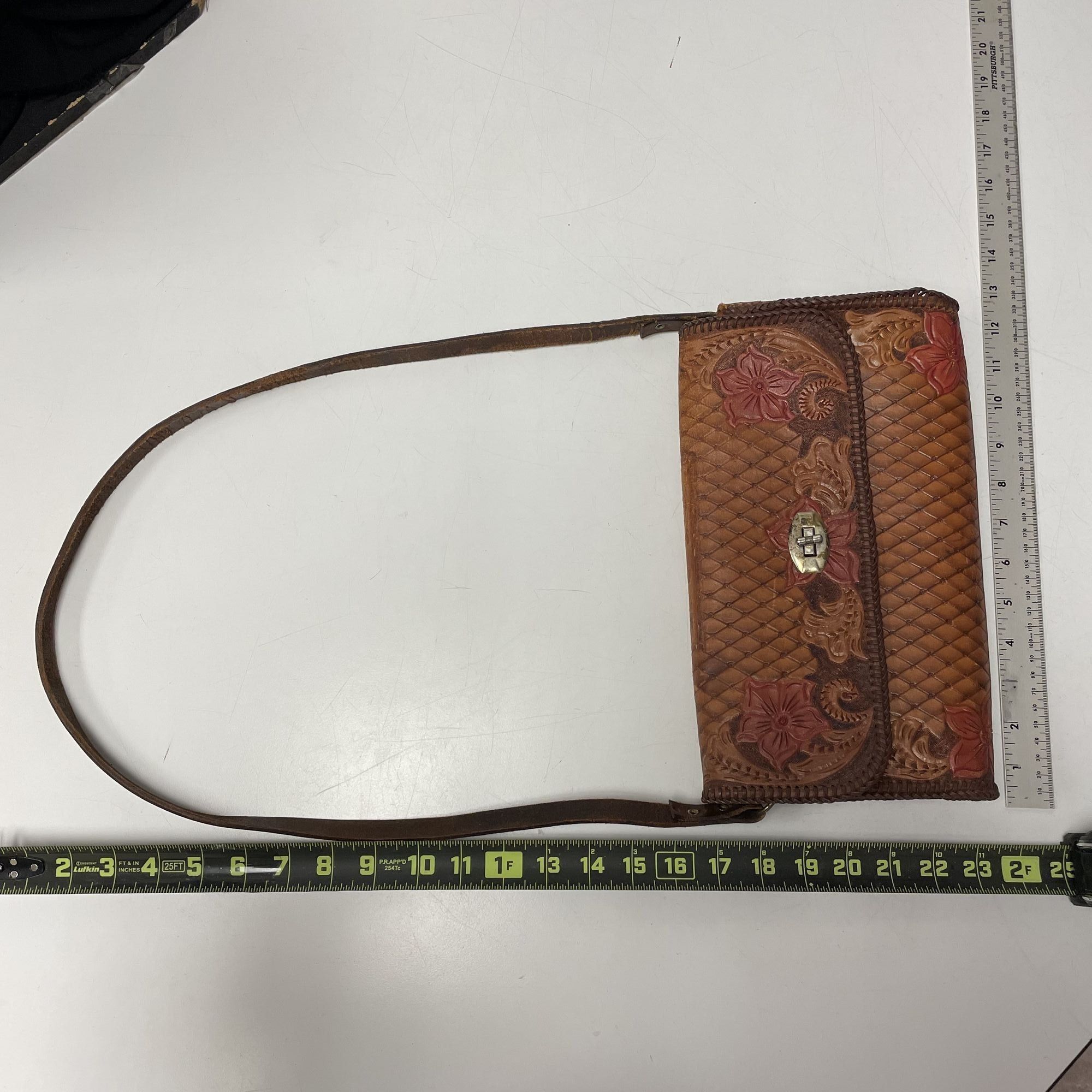 Handmade Vtg Hand Tooled Leather Hand Bag Red ROSE Floral Purse Size ONE SIZE - 10 Thumbnail