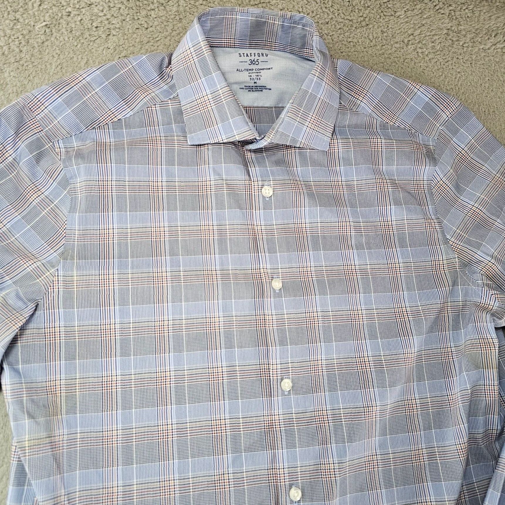 Stafford Stafford Dress Shirt Mens 15.5 32/33 Blue Check Button Up Collared Slim Comfort Non-Iron Wrinkle Resistant Size 40R - 3 Thumbnail