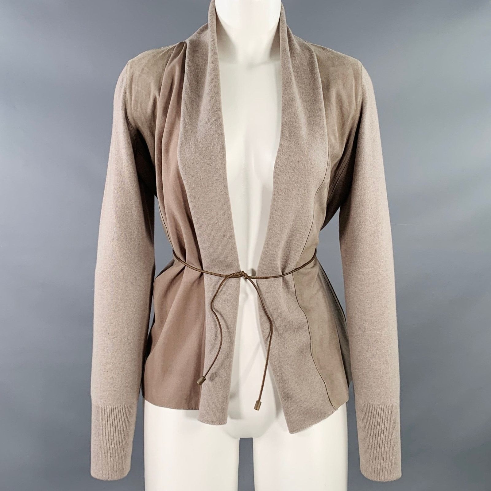 Fabiana Filippi Brown Taupe Virgin Wool Suede Mixed Fabrics Belted Cardigan Size S / US 4 / IT 40 - 1 Thumbnail