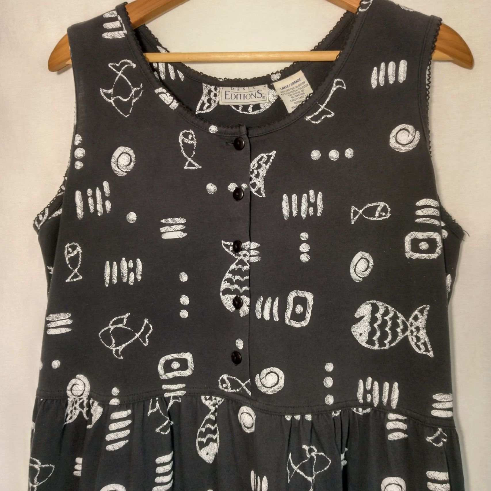 Basic Editions Vintage Basic Editions Women’s Midi Dress Black Sleeveless Boho Fish Pattern Casual Summer Fall Spring Vacation Size L / US 10 / IT 46 - 4 Thumbnail