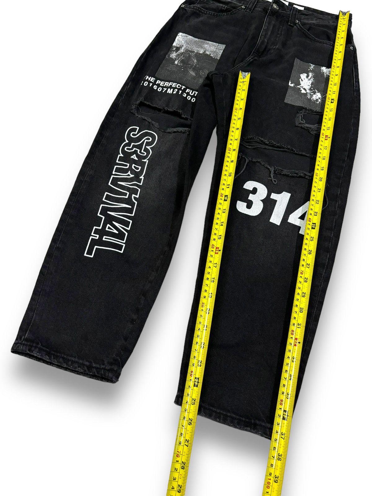 JNCO Bershka Black Faded Baggy Tapered Distressed Grunge Jeans Size US 30 / EU 46 - 16 Thumbnail