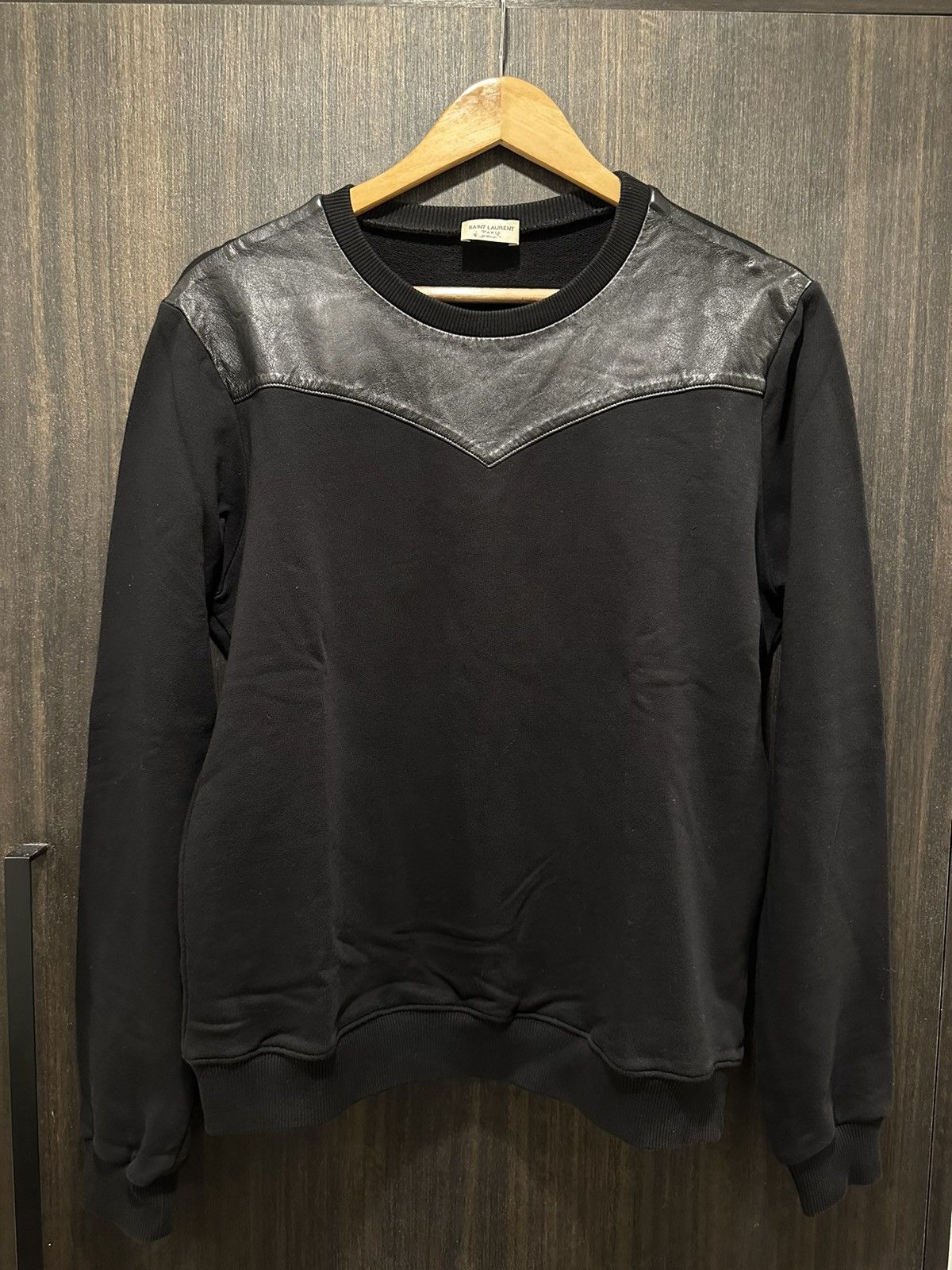 image of Saint Laurent Paris Saint Laurent Black Sweater With Leather Chest, Men's (Size Large)