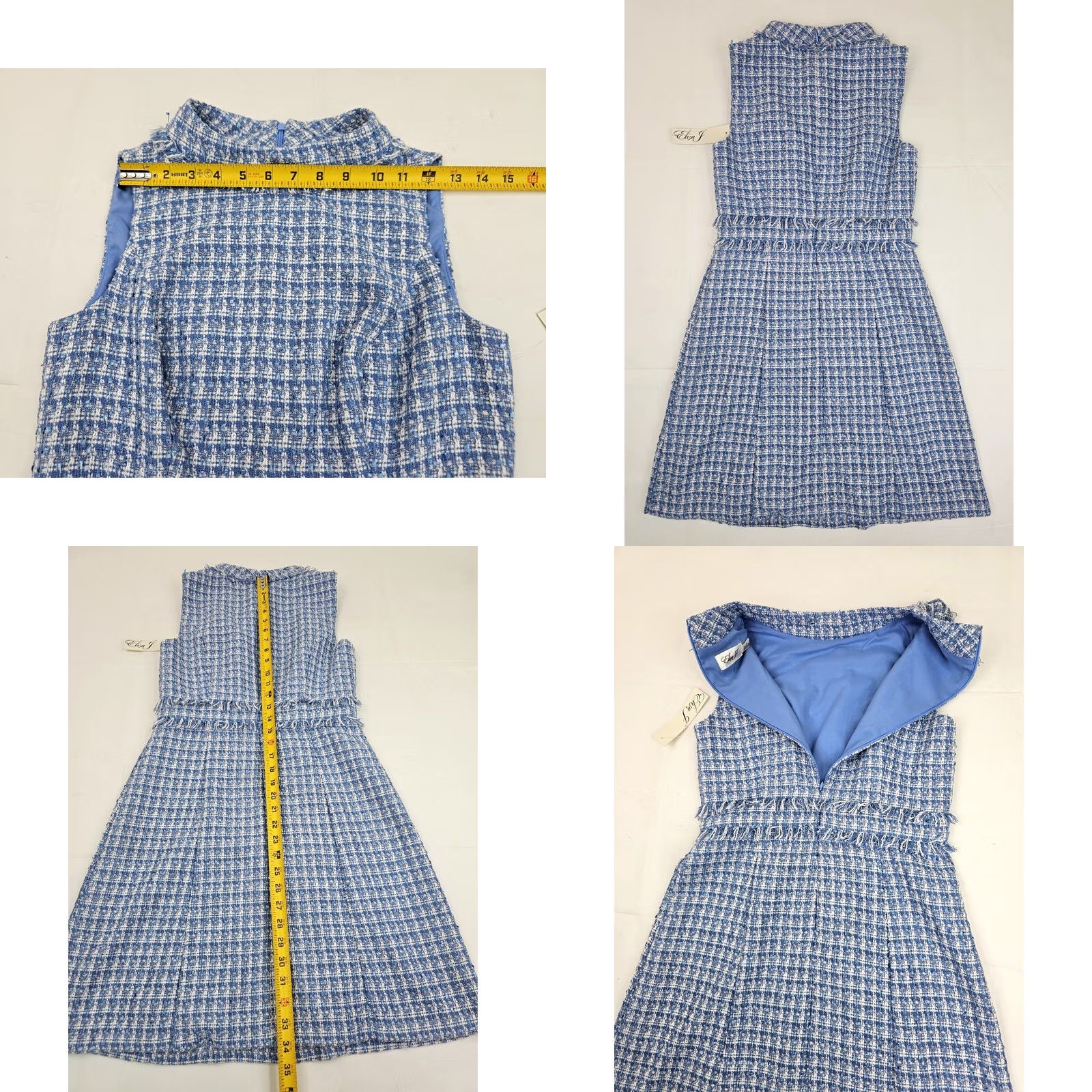 Vintage Eliza J Blue & White Fringe Flare Dress Women 4 NWT Mock Neck Sleeveless Midi Lined Party/Cocktail Floral 34" Length Womens Size S / US 4 / IT 40 - 9 Thumbnail