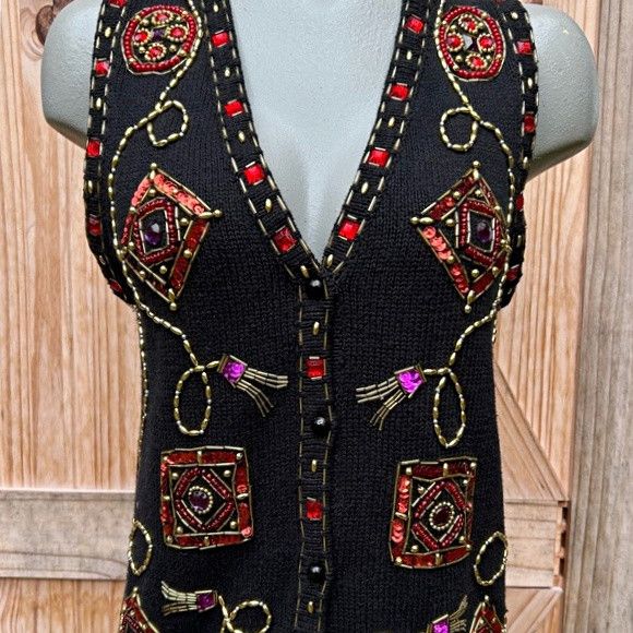 Other Vintage Black Beaded Sequin Holiday Christmas Sweater Vest Size S / US 4 / IT 40 - 2 Thumbnail