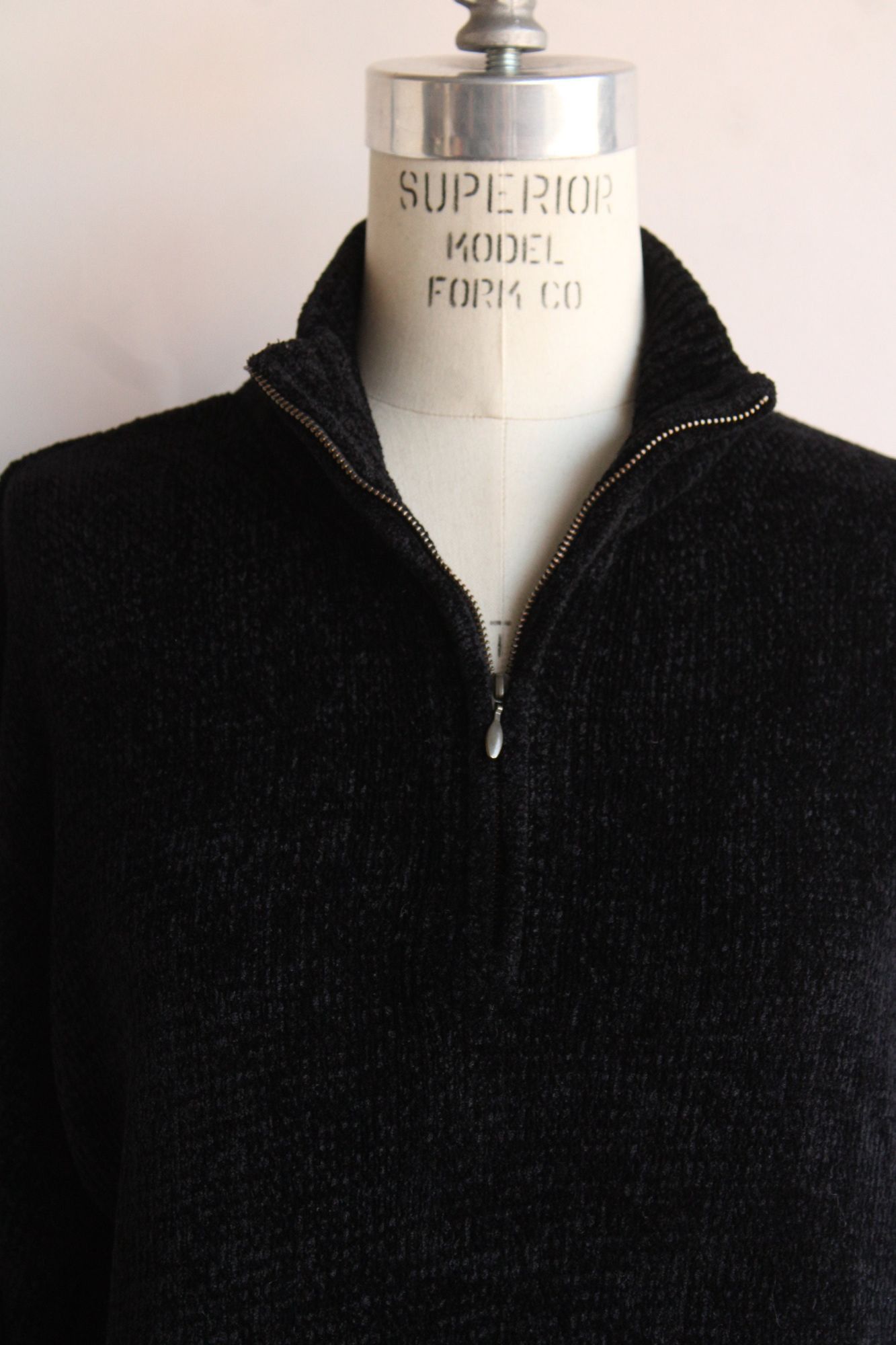 Vintage Vintage 1990s 2000s Sweater, Black Chenille Zipper Mock Neck Size L / US 10 / IT 46 - 3 Thumbnail