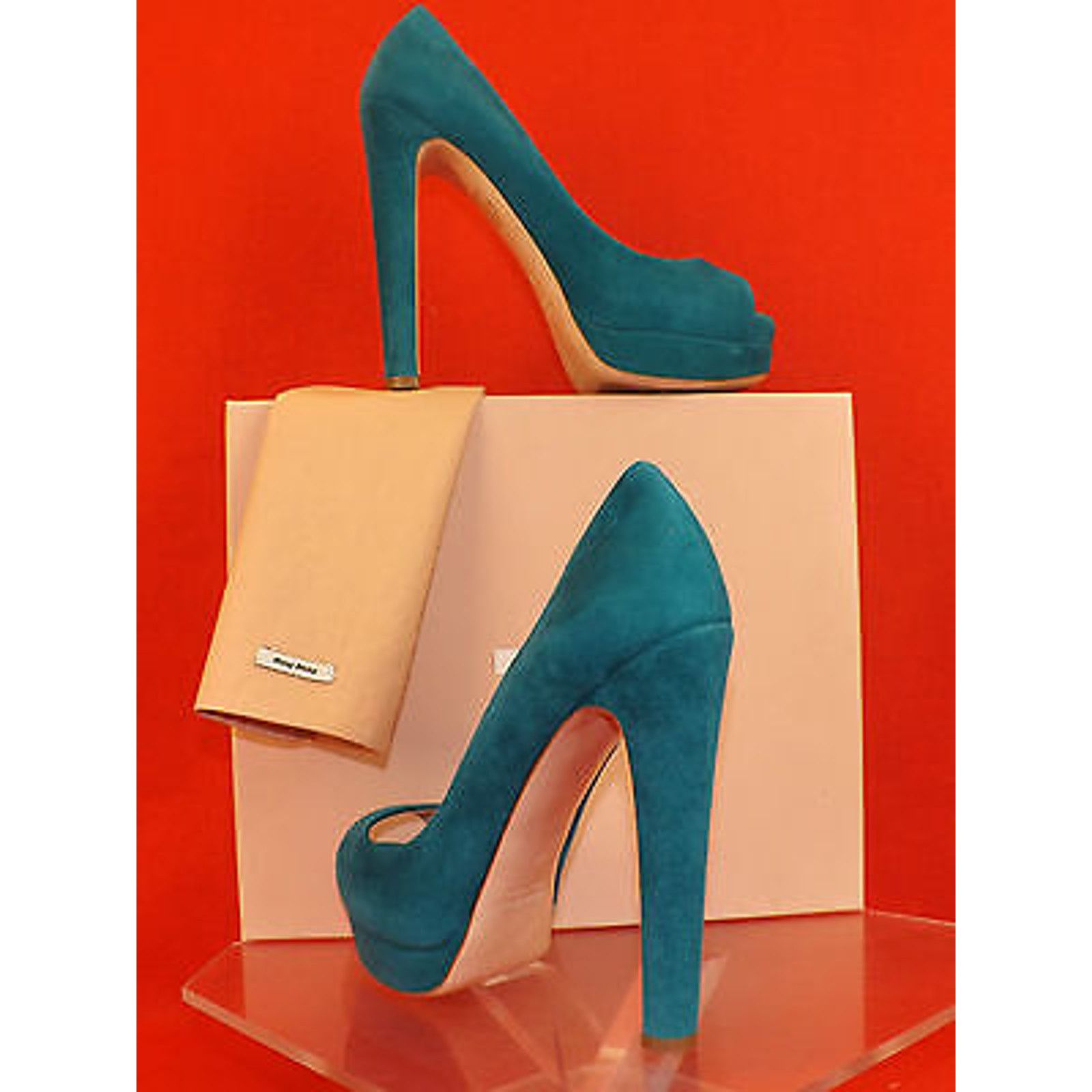 Miu Miu 5KP185 TURQUOISE SUEDE PEEP TOE DOUBLE PLATFORM PUMPS 39.5 9 Size US 9.5 / IT 39.5 - 5 Thumbnail