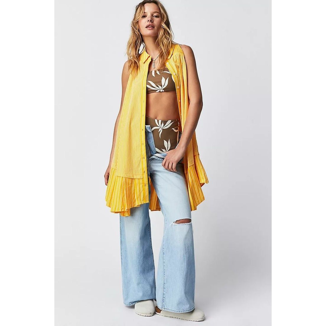 Free People New Be Real Button Front Tunic Mini Dress $128 SMALL Yellow Size S / US 4 / IT 40 - 1 Thumbnail
