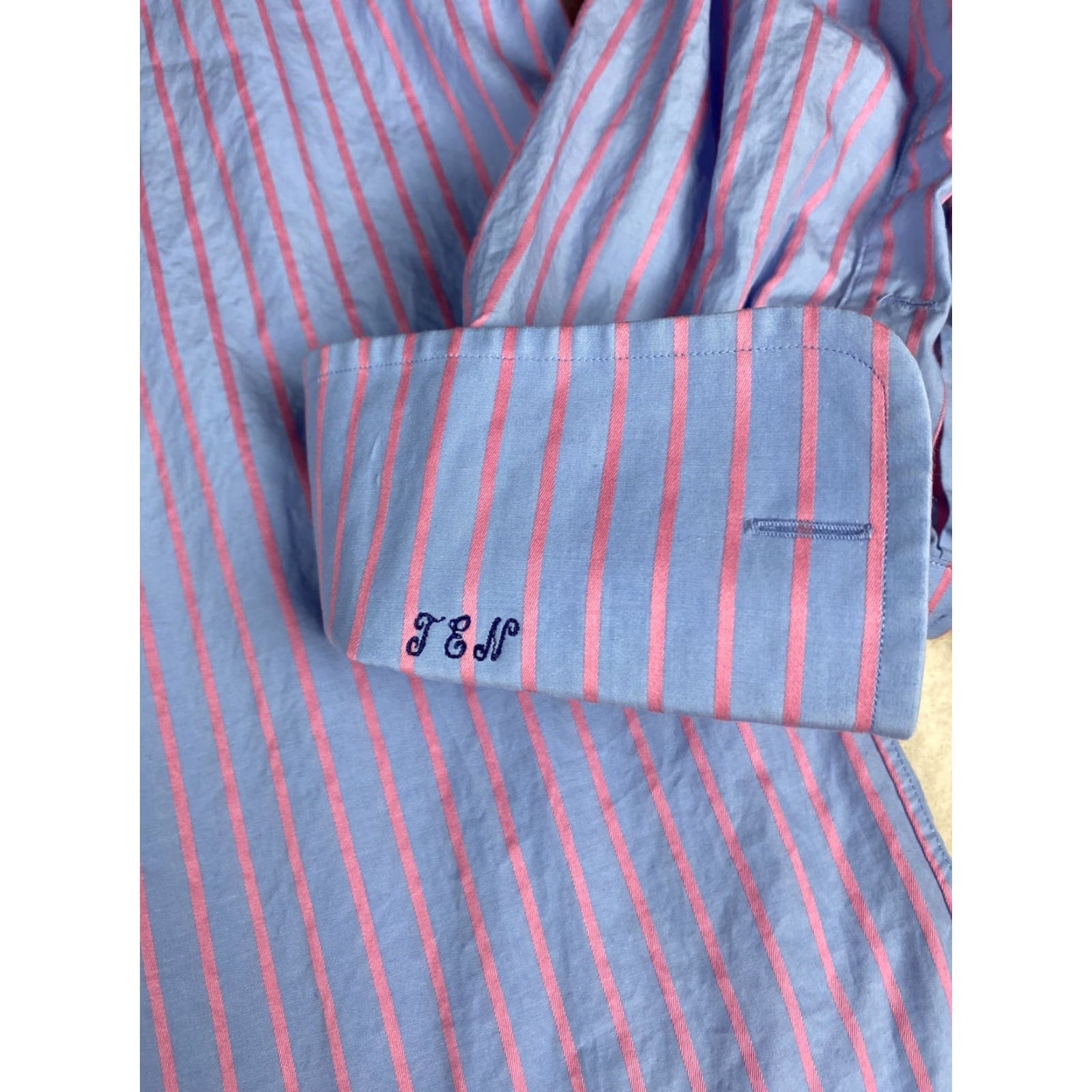 Vintage Paul Fredrick Dress Shirt Mens 17-34 Blue Pink Stripes Size 46R - 2 Thumbnail