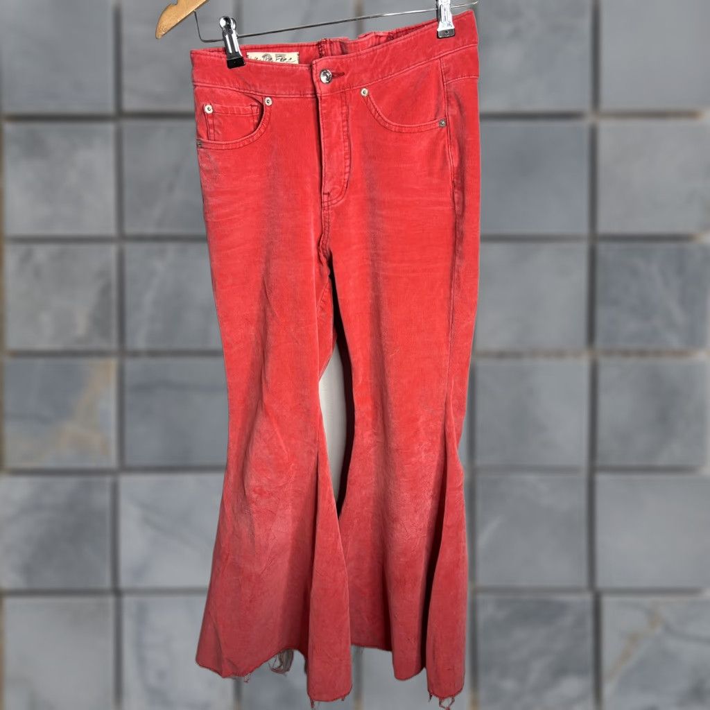 Vintage We The Free Corduroy Flare Pants Womens 27 Red High Rise Raw Hem Lace Up Boho Size 27" / US 4 / IT 40 - 1 Thumbnail