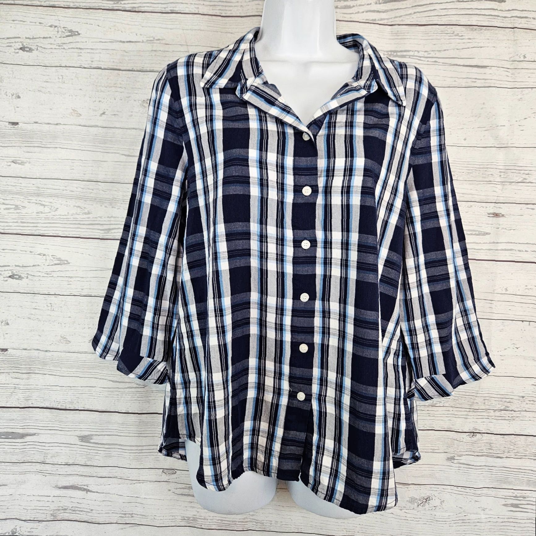 Vintage Draper James Button-Up Top Womens 14 Blue White Plaid 3/4 Sleeve Cotton Blend Shirt Womens Size XL / US 12-14 / IT 48-50 - 2 Thumbnail