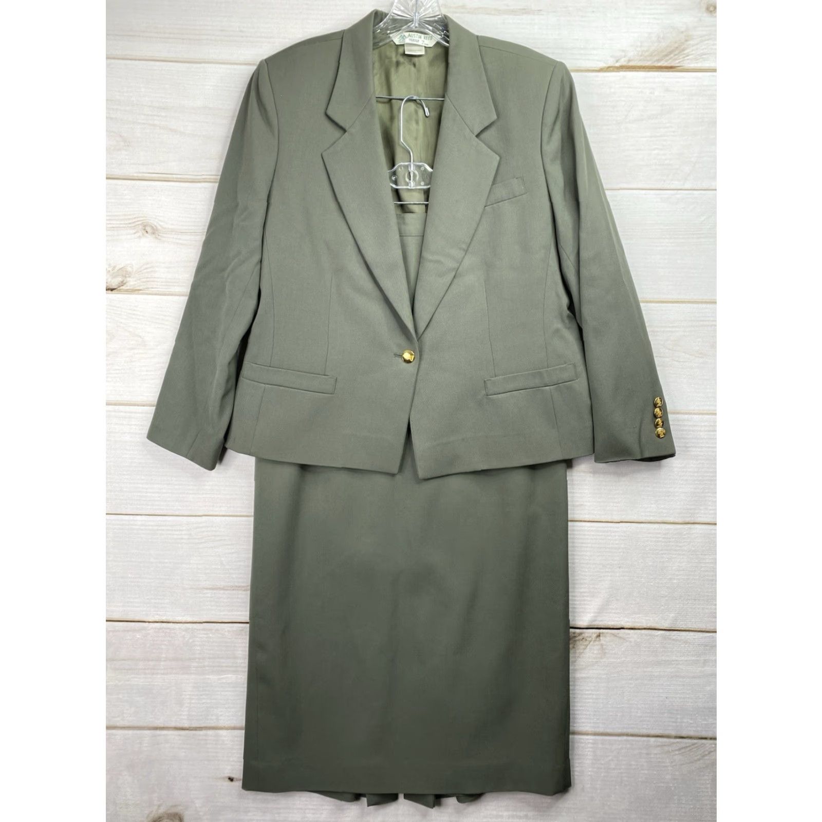 Austin Reed VINTAGE Austin Reed Blazer Skirt 2 Piece Womens 10 Green Gold USA Wool Button Front 1-Button Notch Lapel Regular Long Sleeve Solid Size 32" / US 10 / IT 46 - 2 Thumbnail