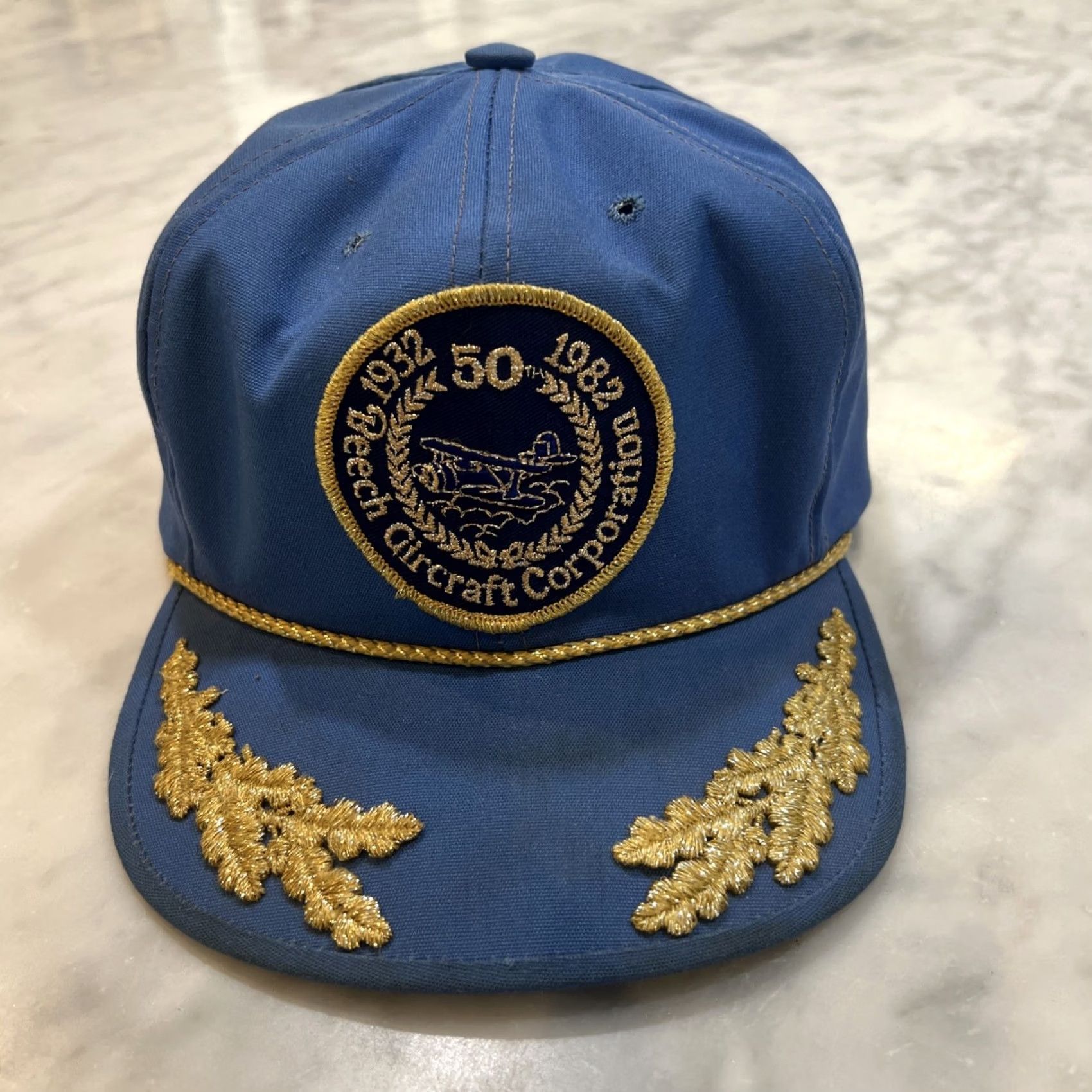 Vintage Towntalk Hat AdjustScrambled Eggs 1982 Beech Aircraft Corporation 50th Anniversary 6 Panel Adjustable Rope Men Blue Casual Baseball Cap Size ONE SIZE - 2 Thumbnail