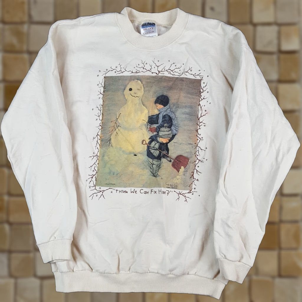 Gildan VINTAGE Snowman Christmas 90s Pullover Sweatshirt Gildan Cotton Polyester Fleece Crew Neck White Men L Snow Art Size US L / EU 52-54 / 3 - 1 Thumbnail