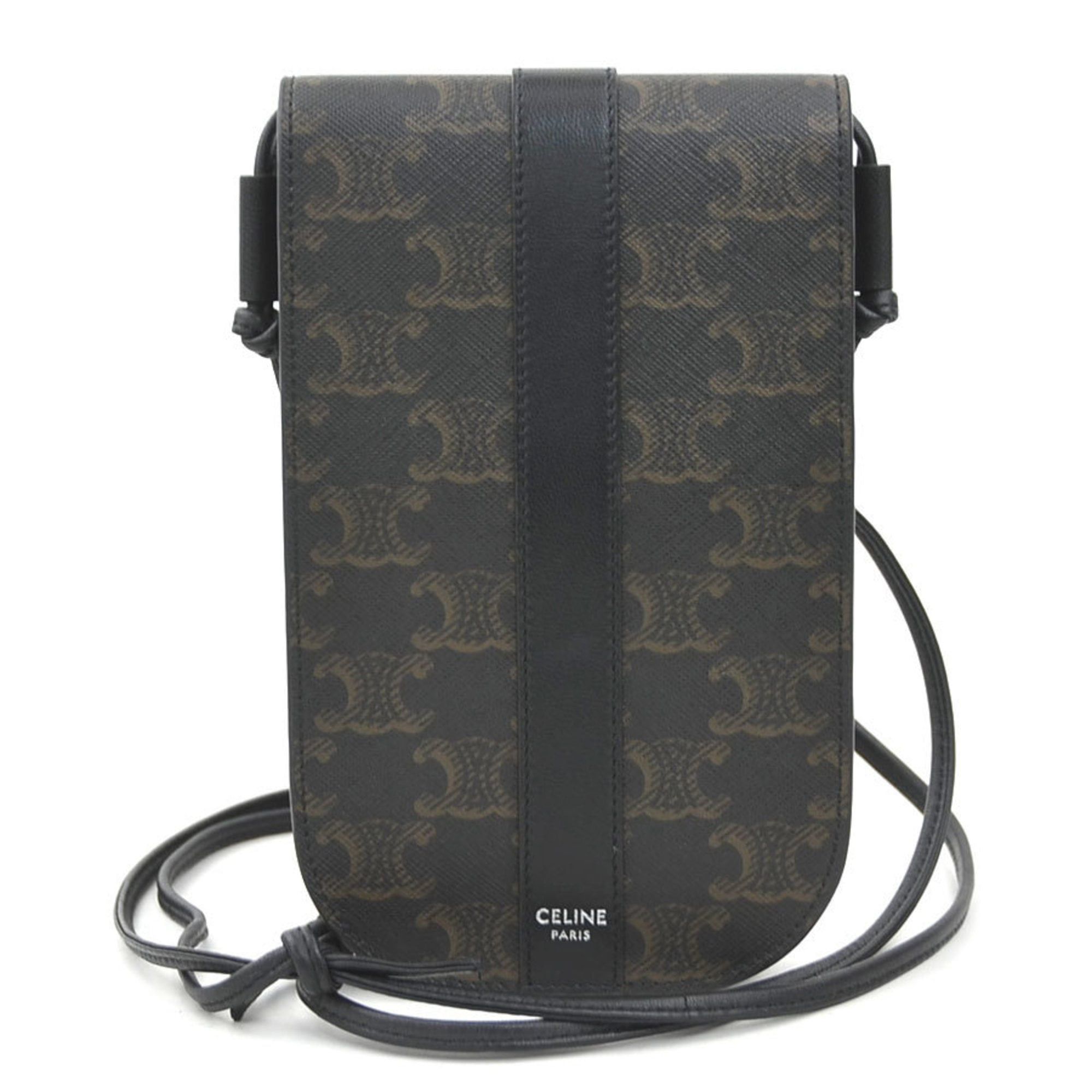 Celine Shoulder Bag With Phone Holder, Coated Canvas, Black, Women's, H32040I