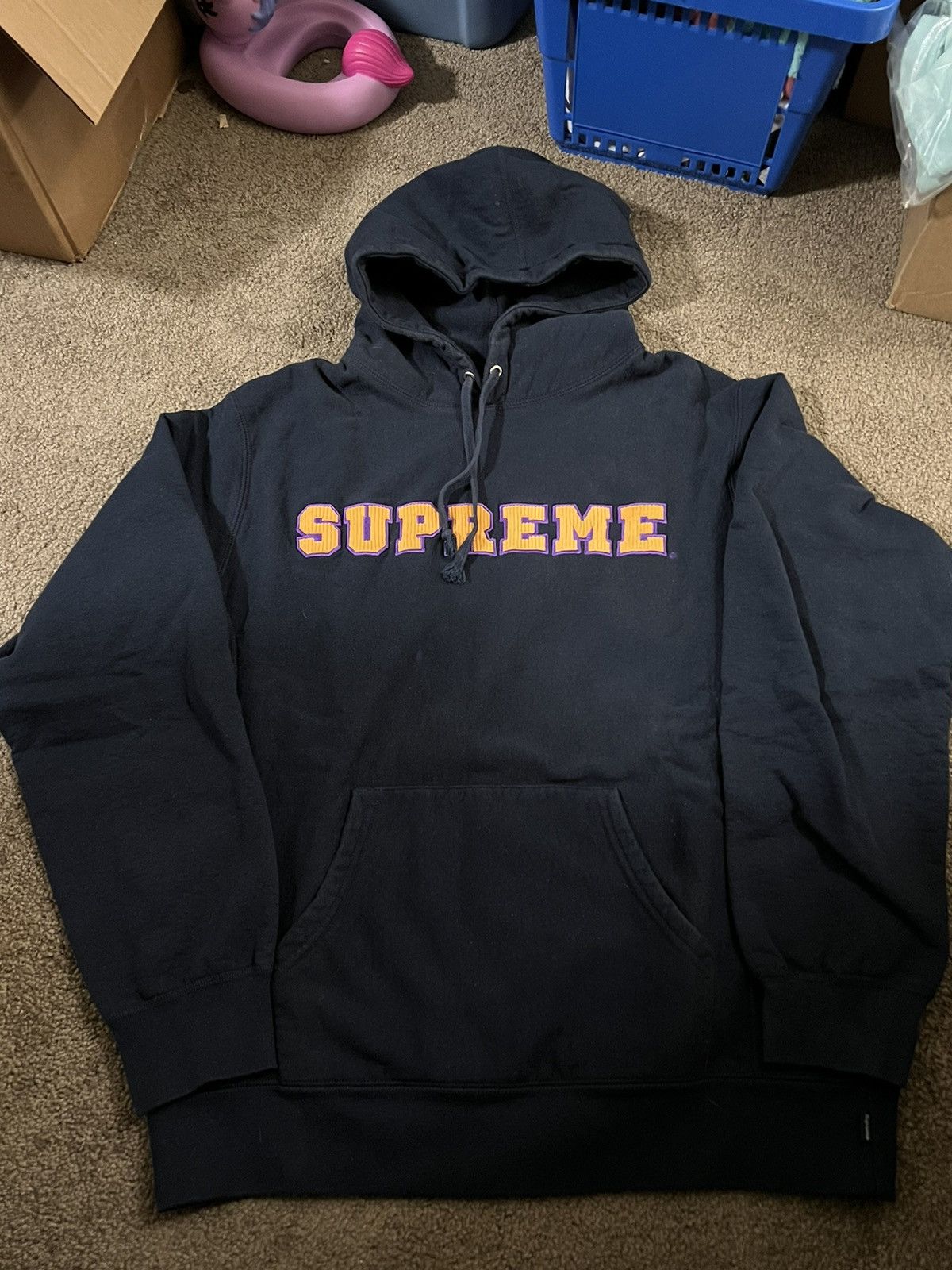 image of Supreme Navy Cord Collegiate Hoodie Sweatshirt, Men's (Size Large)