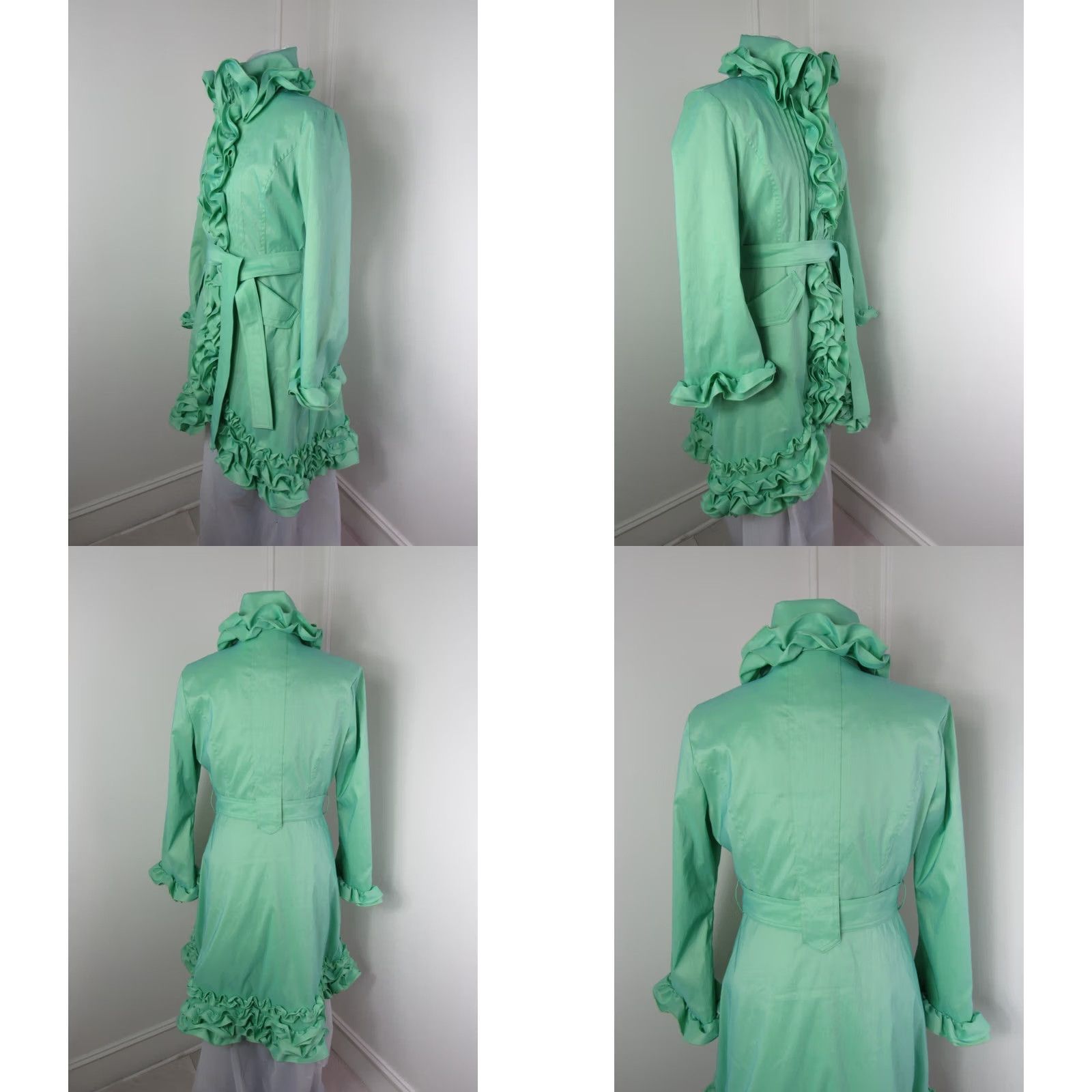 Vintage VINTAGE Samuel Dong Mint Green Ruffled Nylon Taffeta Belted Dress Coat - Medium Size M / US 6-8 / IT 42-44 - 9 Thumbnail