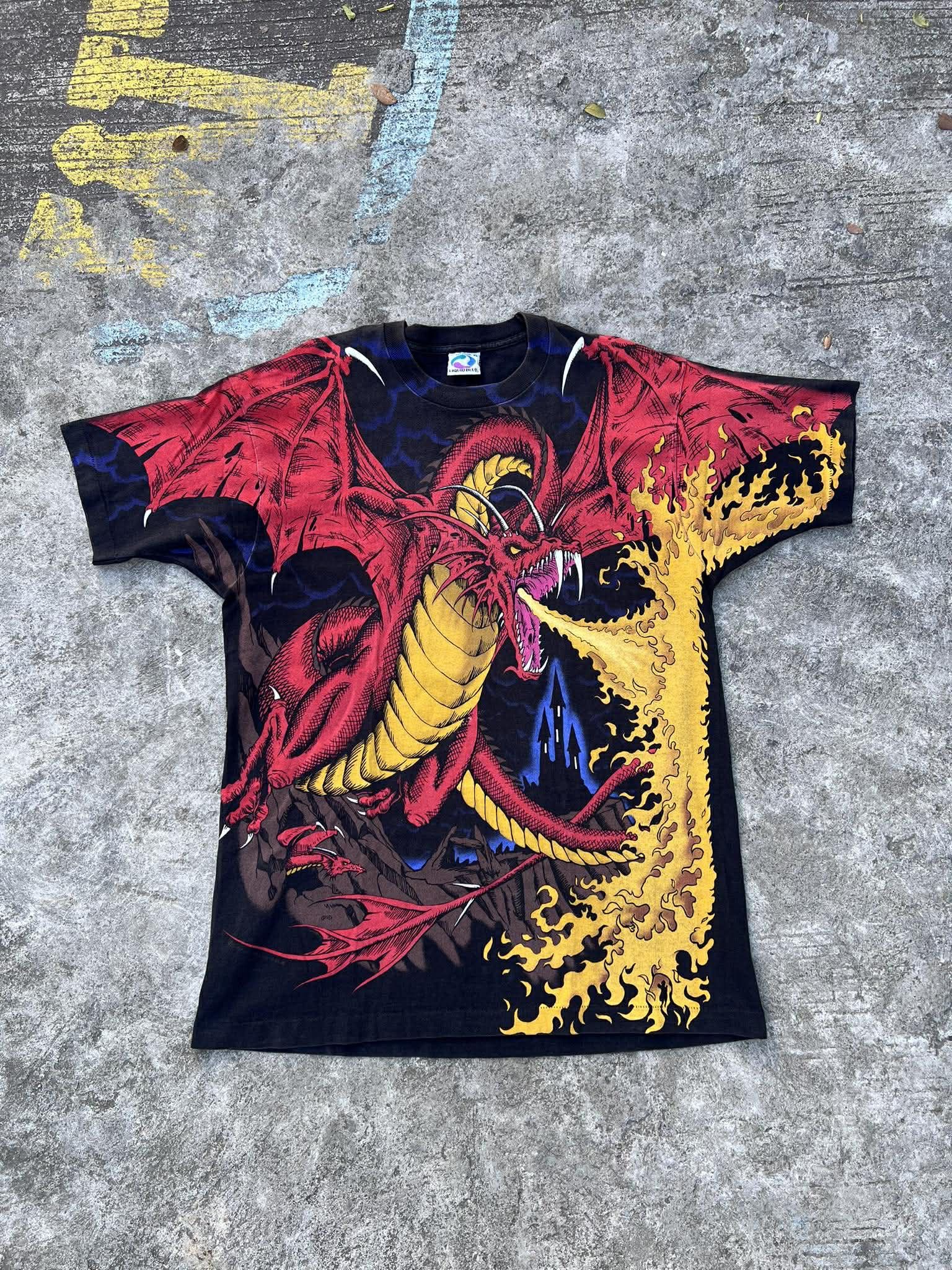 Vintage 1993 Liquid Blue Dragon vs Knight AOP Tshirt