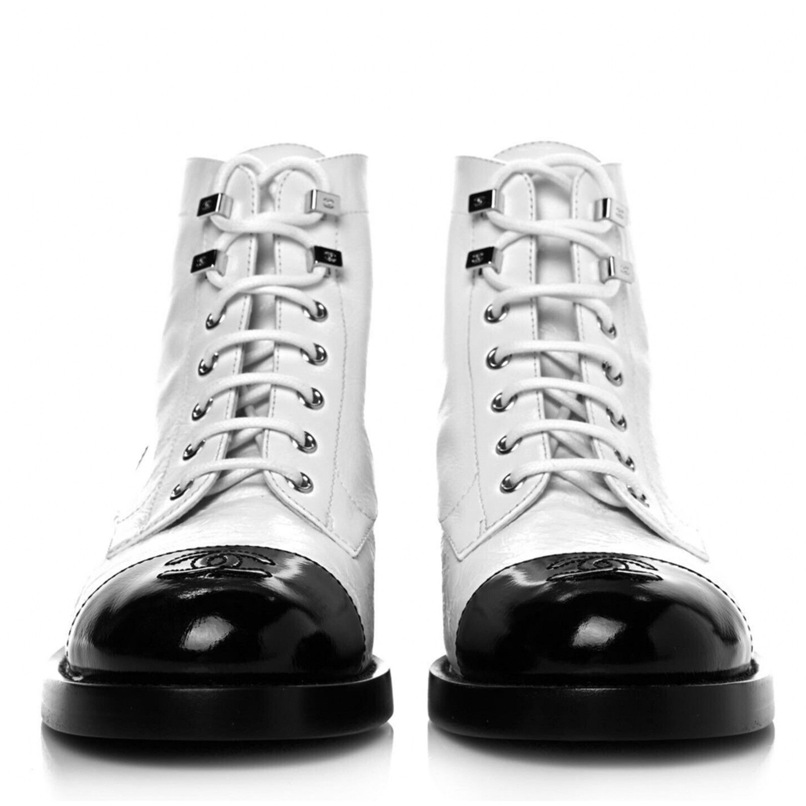 Chanel Chanel 21P White Black Crumpled Shiny CC Combat Lace Up Size US 10 / IT 40 - 5 Thumbnail