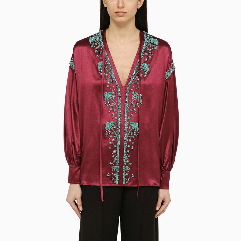 image of Valentino Bordeaux Silk Blouse With Sequins in Burgundy, Women's (Size Small)