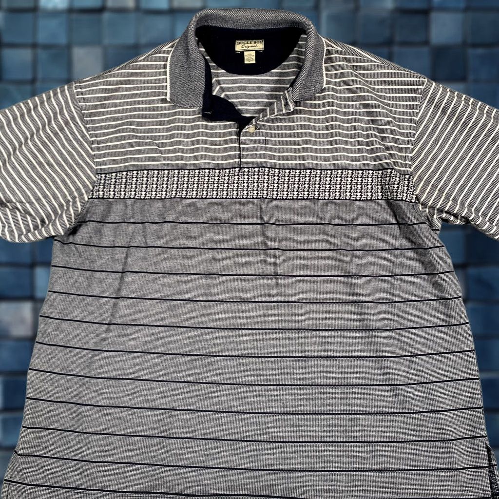 Bugle Boy VINTAGE Bugle Boy Polo Shirt Mens Large Gray Blue Stripe Knit Retro 90s Size US L / EU 52-54 / 3 - 1 Thumbnail