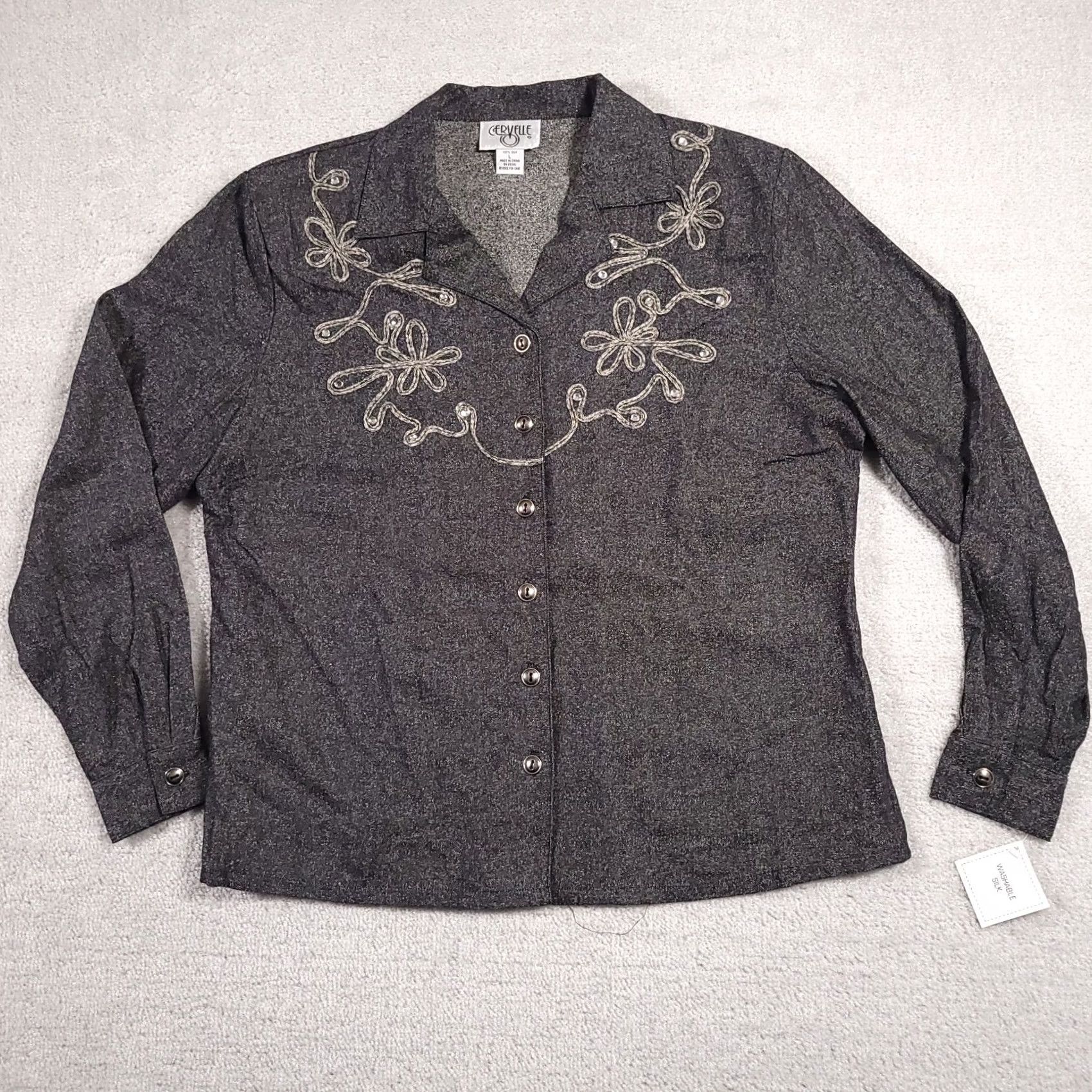 Vintage VINTAGE Cervelle Button Up Shirt 100% Silk Womens L Gray Embroidered Shoulder Pads Shirts メンズ? Size L / US 10 / IT 46 - 2 Thumbnail